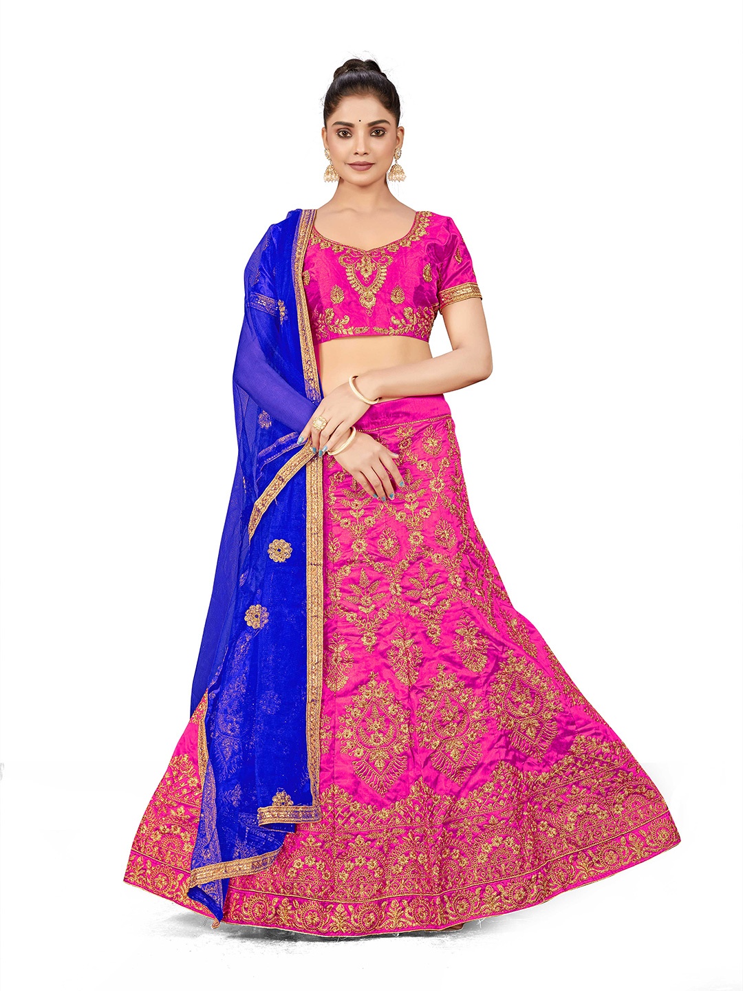 

Maroosh Embellished Thread Work Silk Unstitched Lehenga & Blouse With Dupatta, Pink