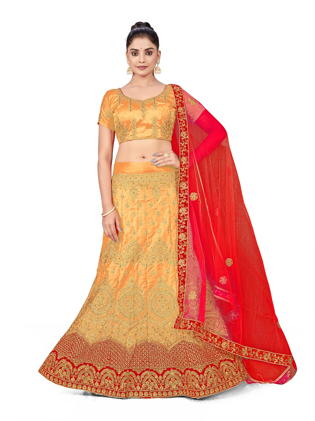 

Maroosh Embellished Thread Work Satin Unstitched Lehenga & Blouse With Dupatta, Beige