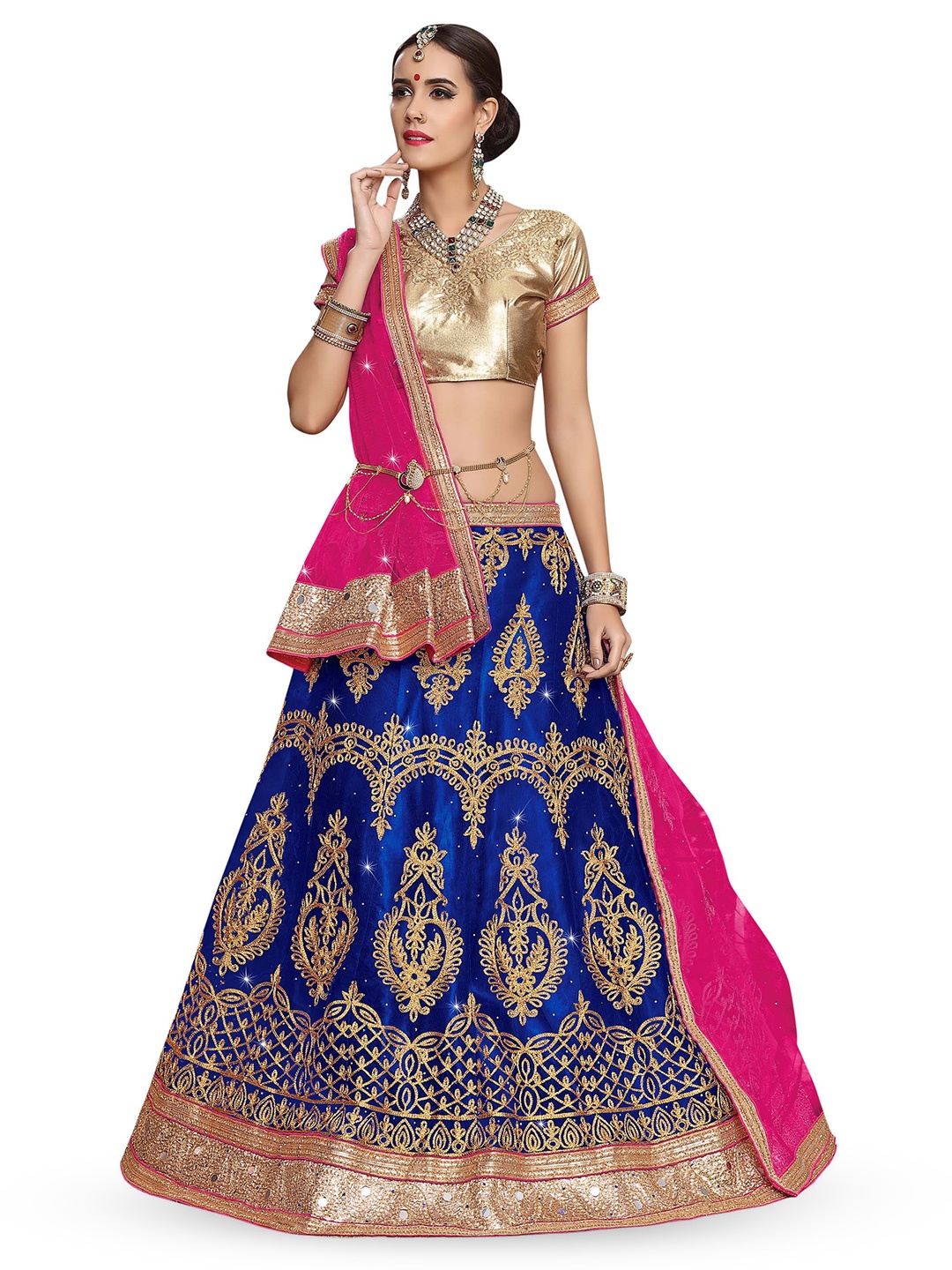 

Maroosh Embroidered Thread Work Unstitched Lehenga & Blouse With Dupatta, Blue
