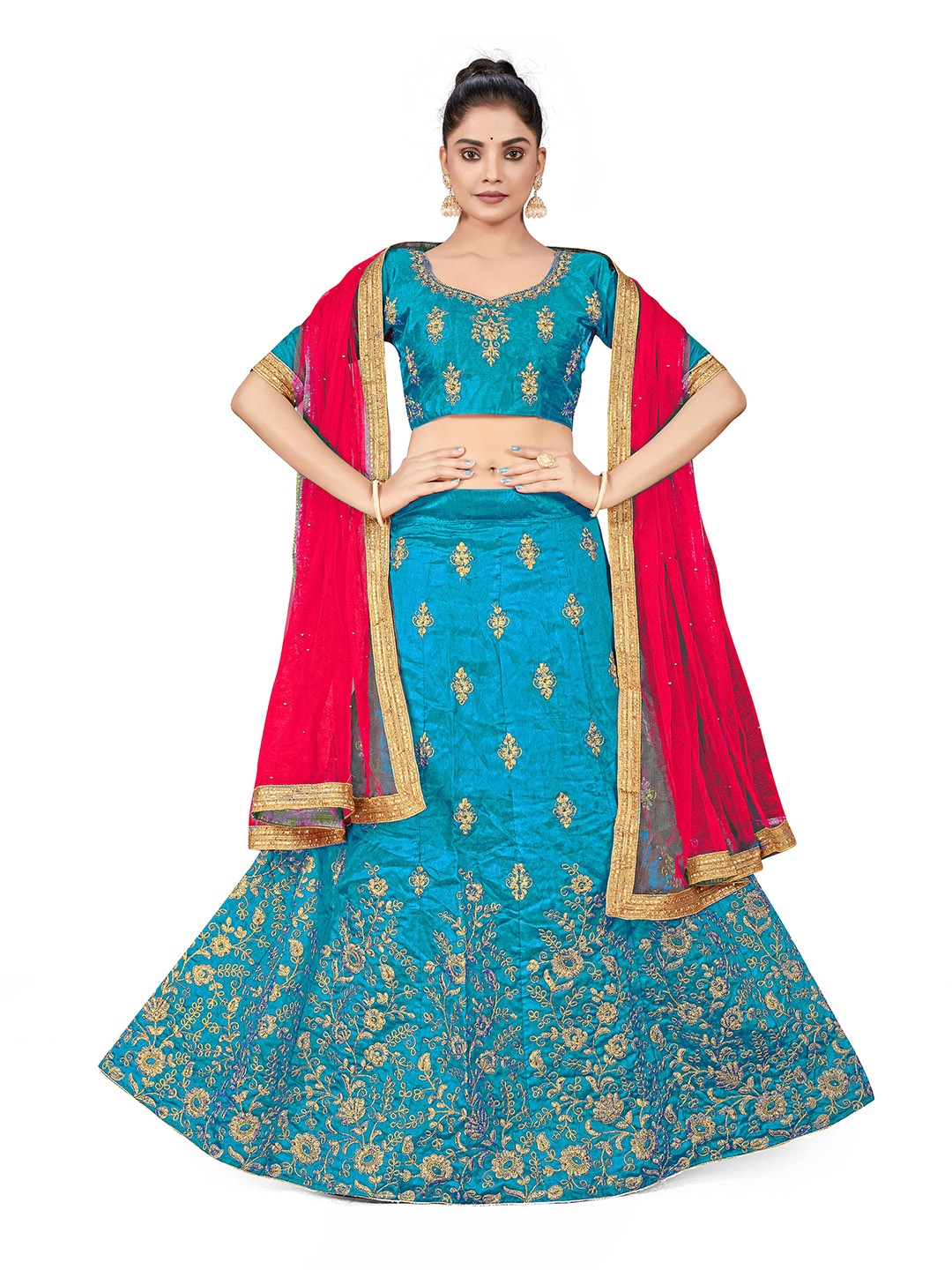 

Maroosh Embellished Thread Work Silk Unstitched Lehenga & Blouse With Dupatta, Turquoise blue