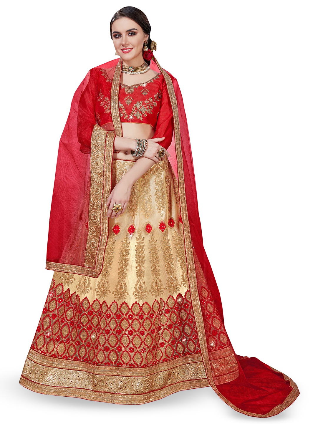 

Maroosh Embroidered Thread Work Semi-Stitched Lehenga & Unstitched Blouse With Dupatta, Beige