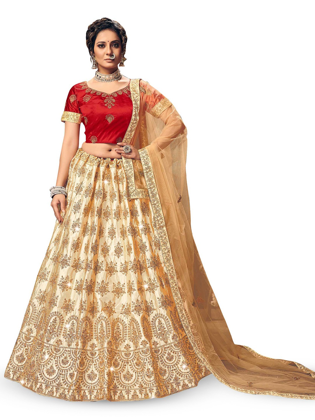 

Maroosh Floral Embroidered Satin Unstitched Lehenga & Blouse With Dupatta, Beige