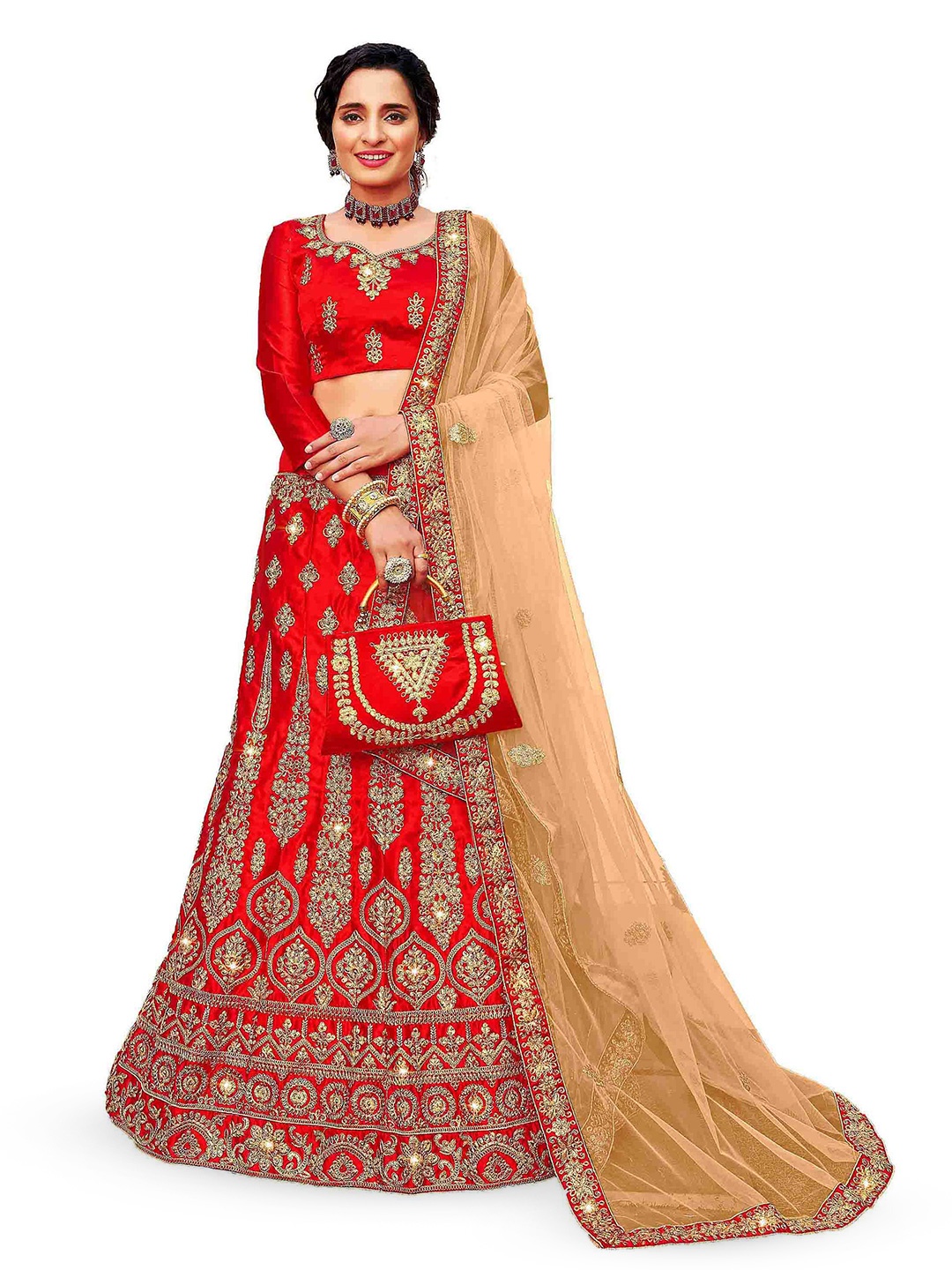 

Maroosh Embroidered Thread Work Unstitched Lehenga & Blouse With Dupatta, Red