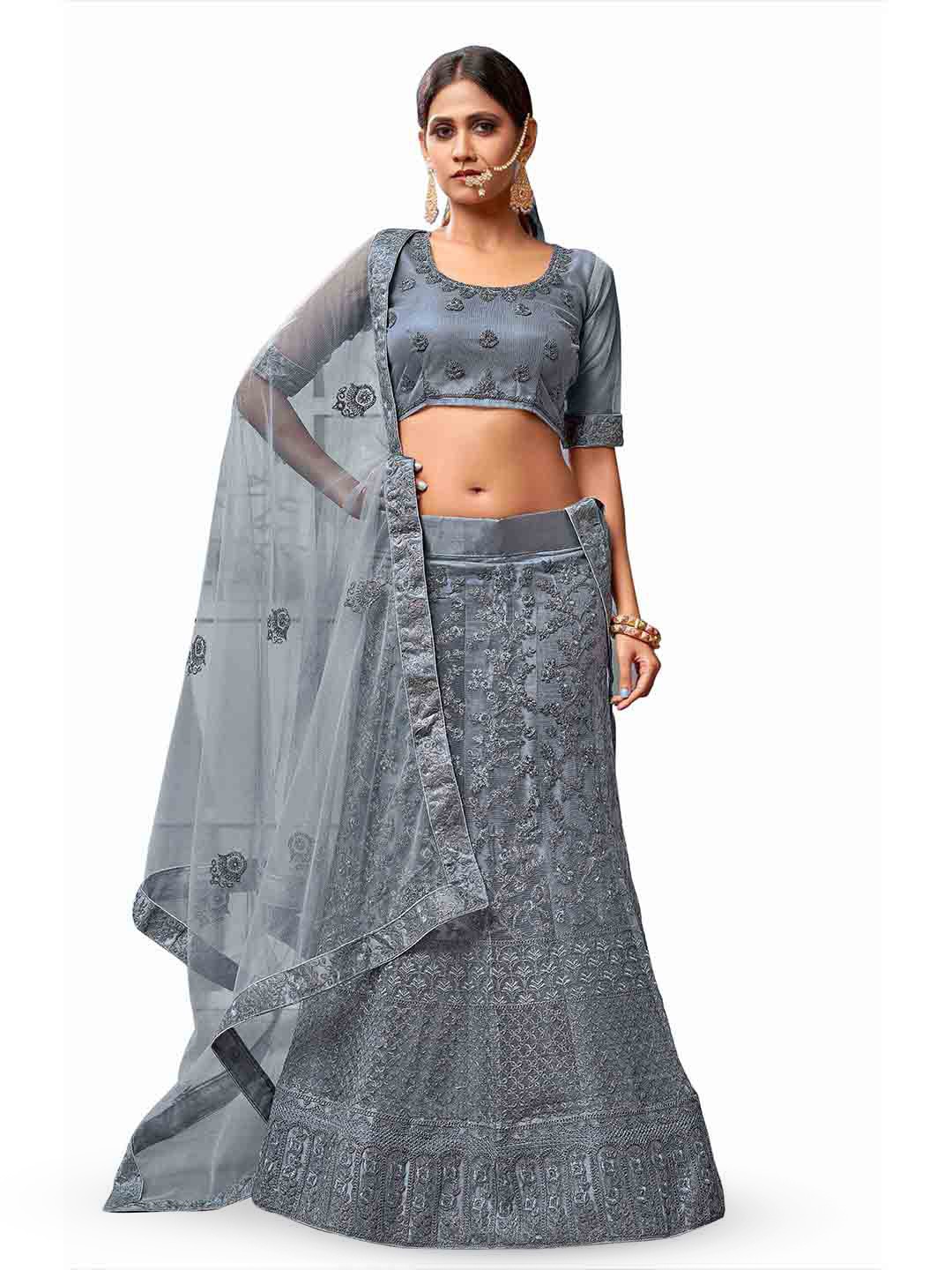 

Maroosh Floral Embroidered Unstitched Lehenga & Blouse With Dupatta, Grey