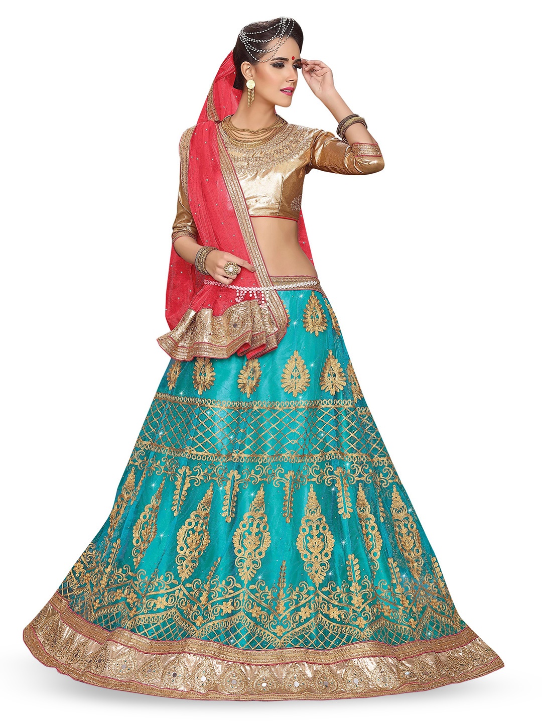 

Maroosh Embroidered Thread Work Net Unstitched Lehenga & Blouse With Dupatta, Turquoise blue