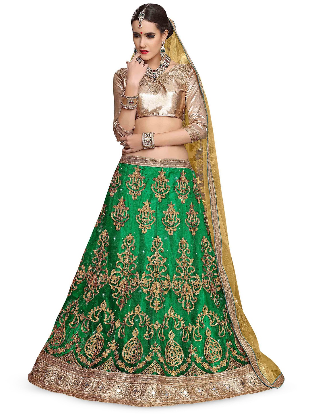 

Maroosh Embroidered Thread Work Net Unstitched Lehenga & Blouse With Dupatta, Green