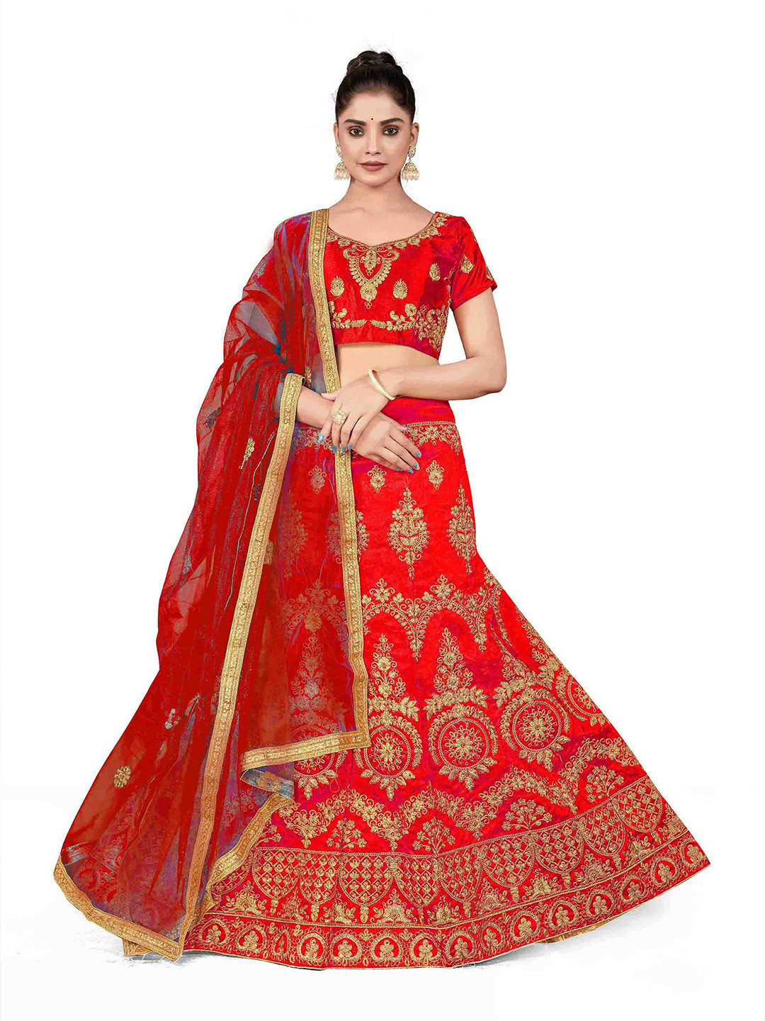 

Maroosh Embellished Thread Work Silk Unstitched Lehenga & Blouse With Dupatta, Rust