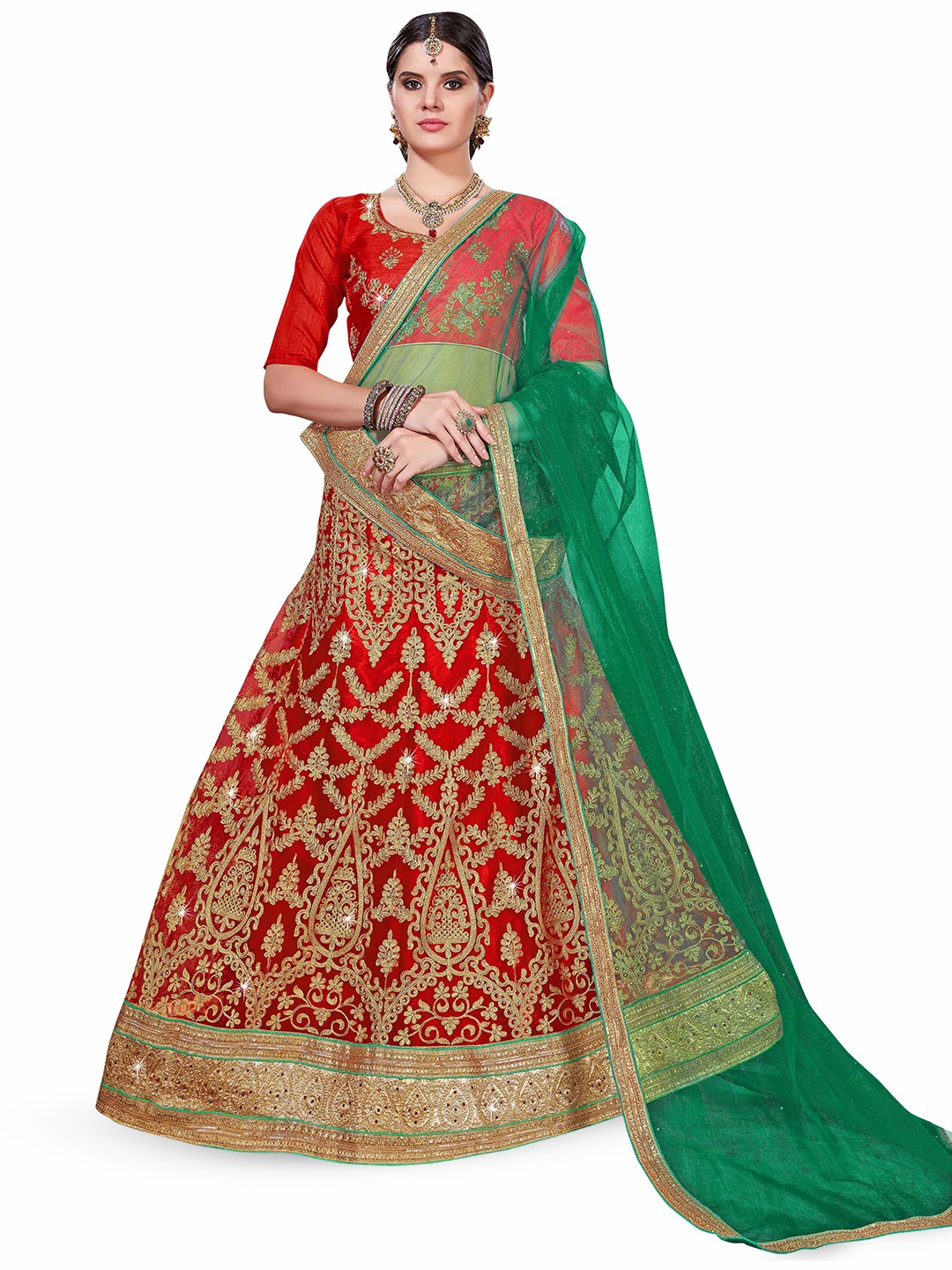 

Maroosh Embroidered Thread Work Unstitched Lehenga & Blouse With Dupatta, Red