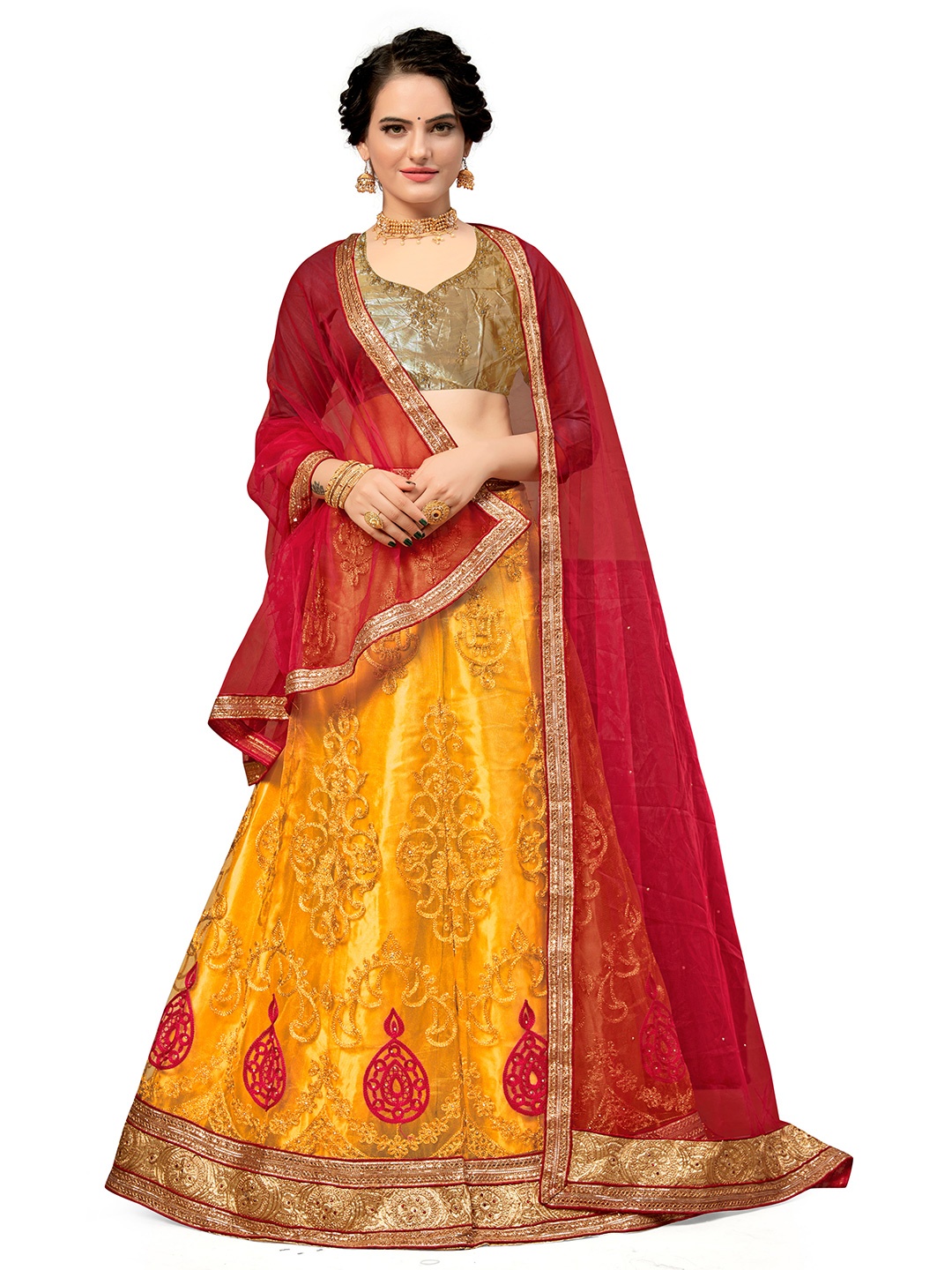 

Maroosh Embroidered Thread Work Unstitched Lehenga & Blouse With Dupatta, Yellow