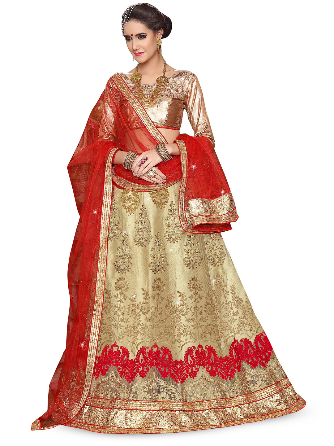 

Maroosh Embroidered Thread Work Semi-Stitched Lehenga & Unstitched Blouse With Dupatta, Beige