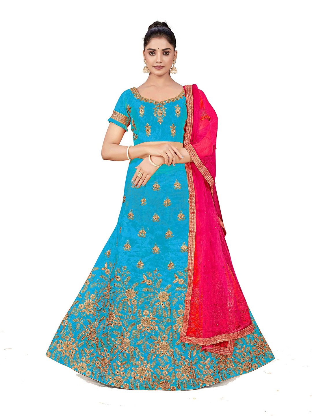 

Maroosh Embellished Thread Work Unstitched Lehenga & Blouse With Dupatta, Turquoise blue