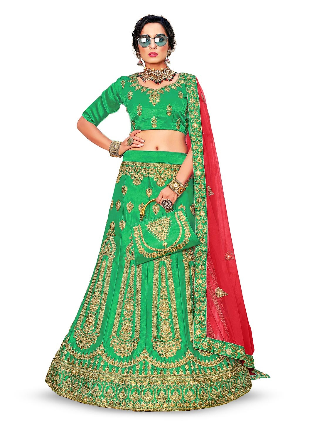 

Maroosh Embroidered Thread Work Satin Semi-Stiched Lehenga & Blouse With Dupatta, Green