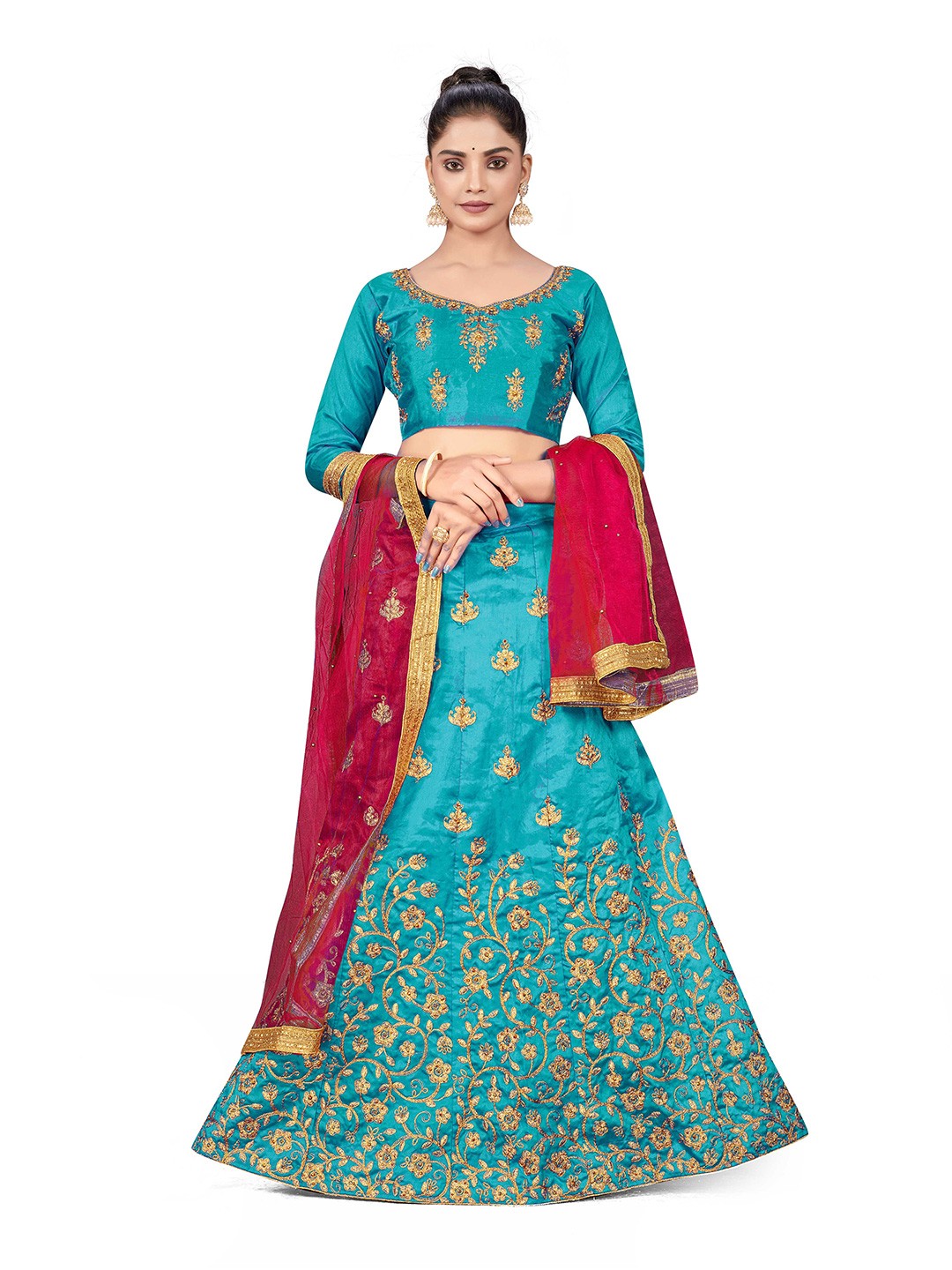 

Maroosh Embellished Thread Work Unstitched Lehenga & Blouse With Dupatta, Turquoise blue
