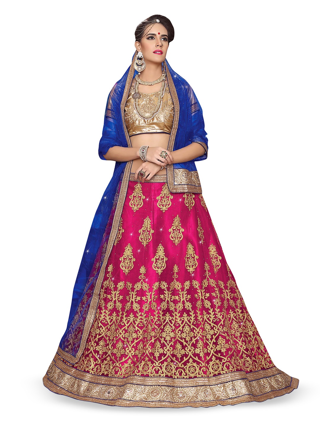 

Maroosh Embroidered Thread Work Net Unstitched Lehenga & Blouse With Dupatta, Pink