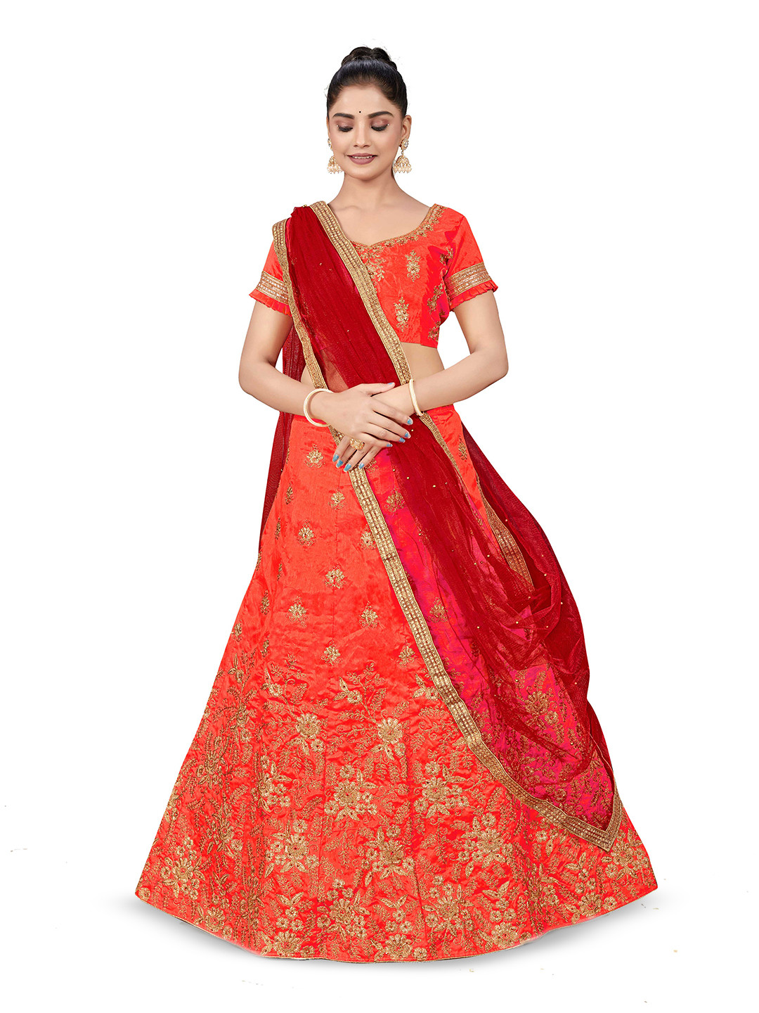 

Maroosh Embellished Thread Work Silk Unstitched Lehenga & Blouse With Dupatta, Rust