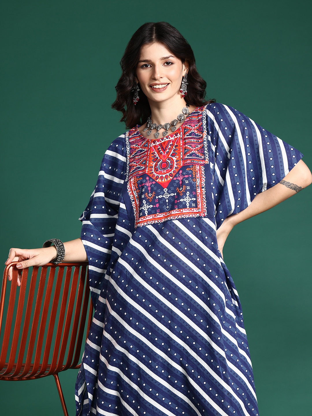 

Sangria Striped Pure Cotton Kaftan Kurta with Trousers, Blue