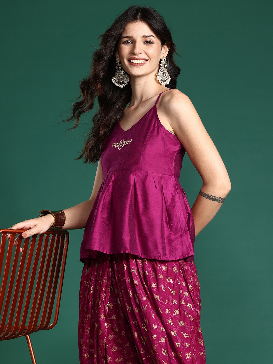 

Sangria Ethnic Motifs Embroidered Pleated Thread Work Top with Dhoti Pants, Magenta