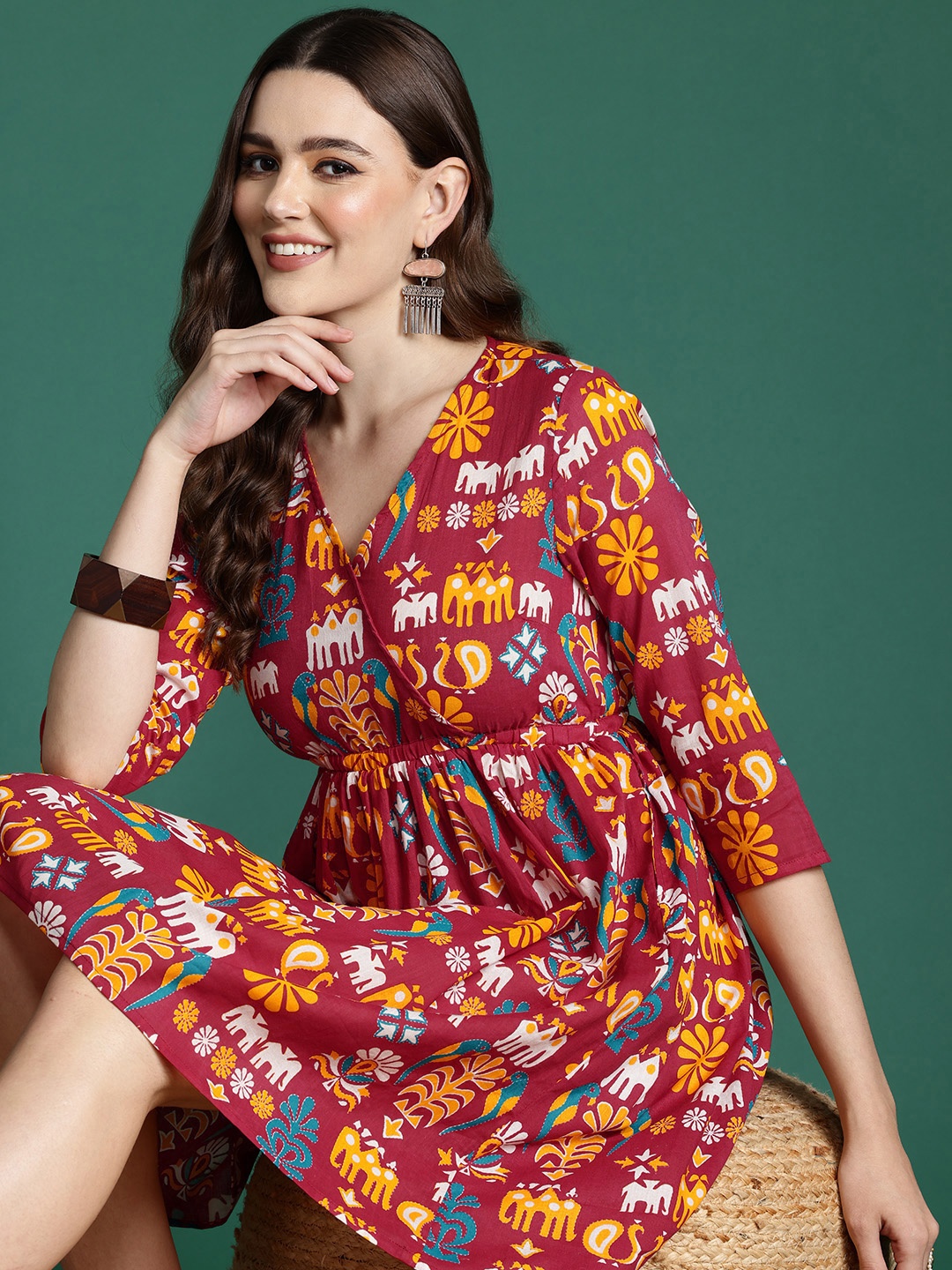 

Sangria Tribal Print Fit & Flare Dress, Red