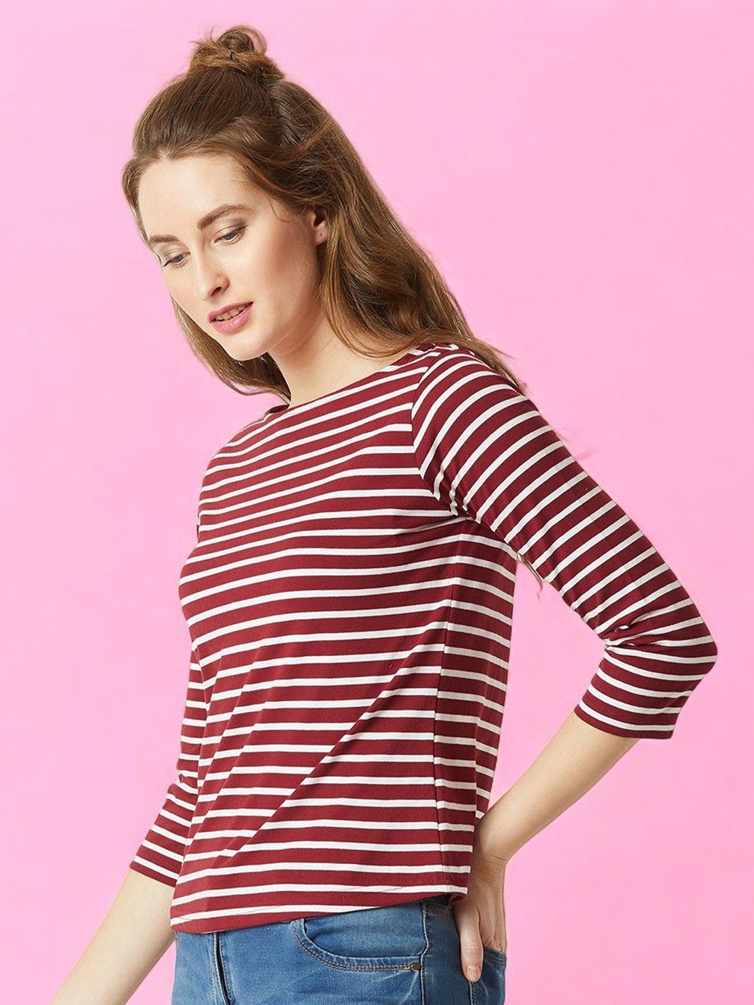 

DressBerry Boat Neck 3/4 Sleeve Cotton Striped Top, Maroon
