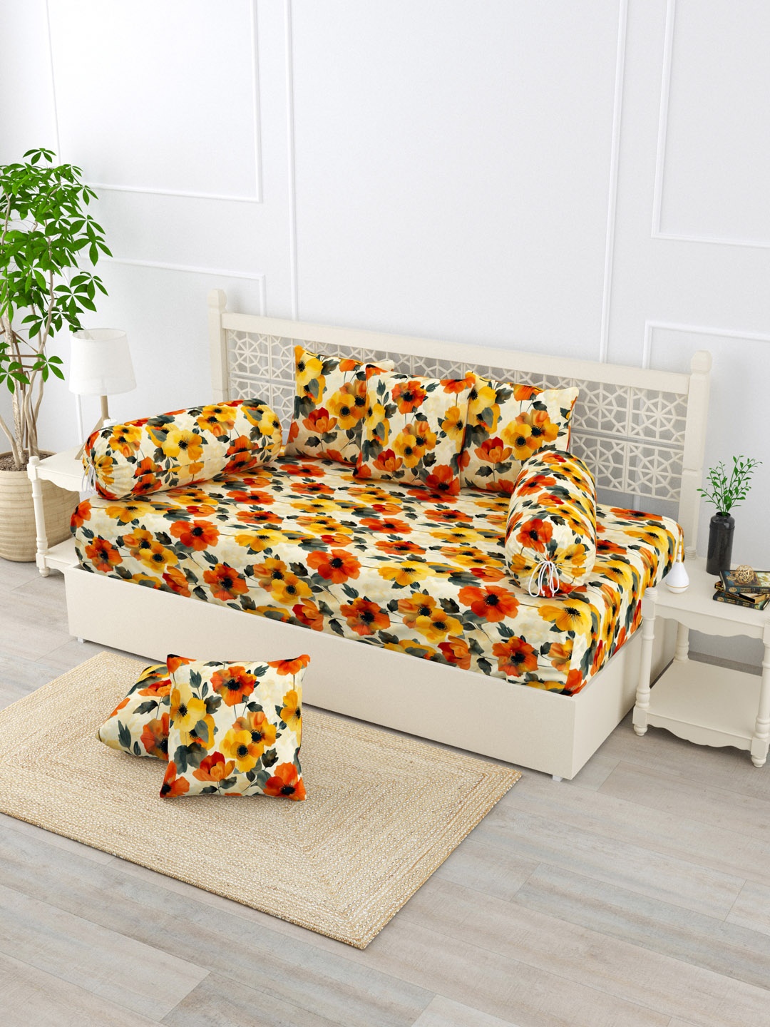 

EverHOME Yellow & Red 8 Pieces Floral Printed Pure Cotton Diwan Set