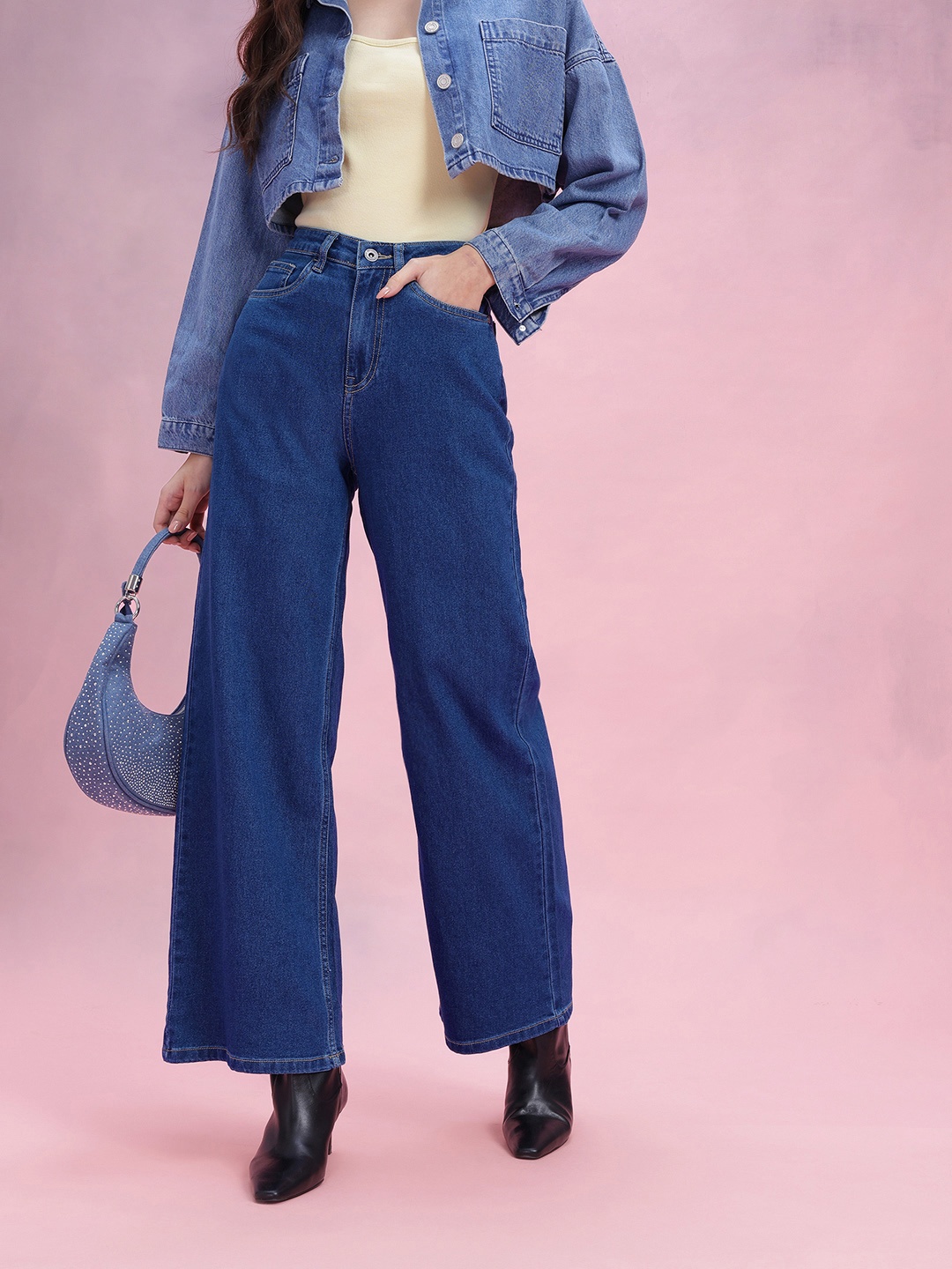 

DressBerry Women Wide Leg High-Rise Stretchable Jeans, Blue