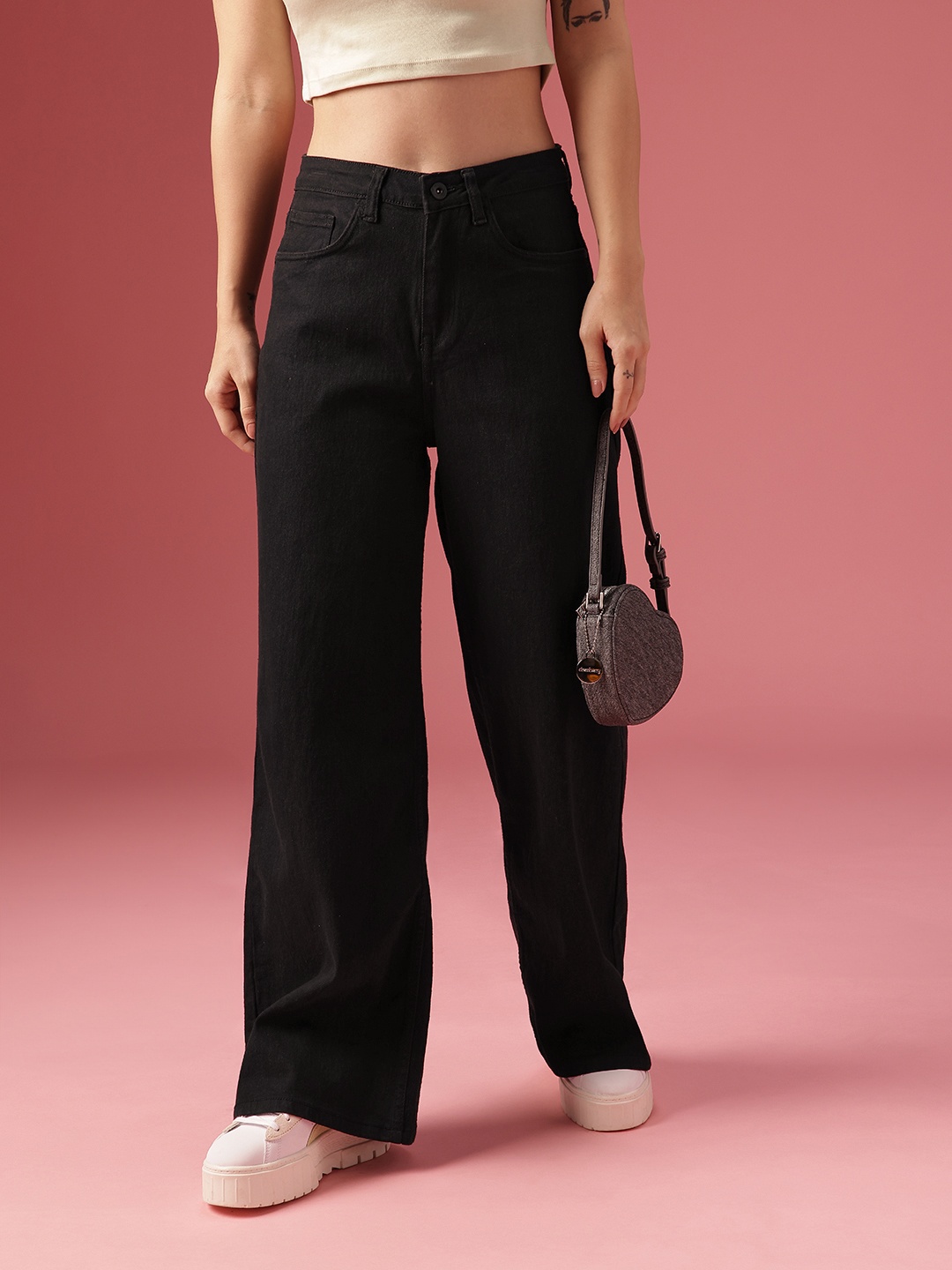 

DressBerry Women Wide Leg High-Rise Stretchable Jeans, Black