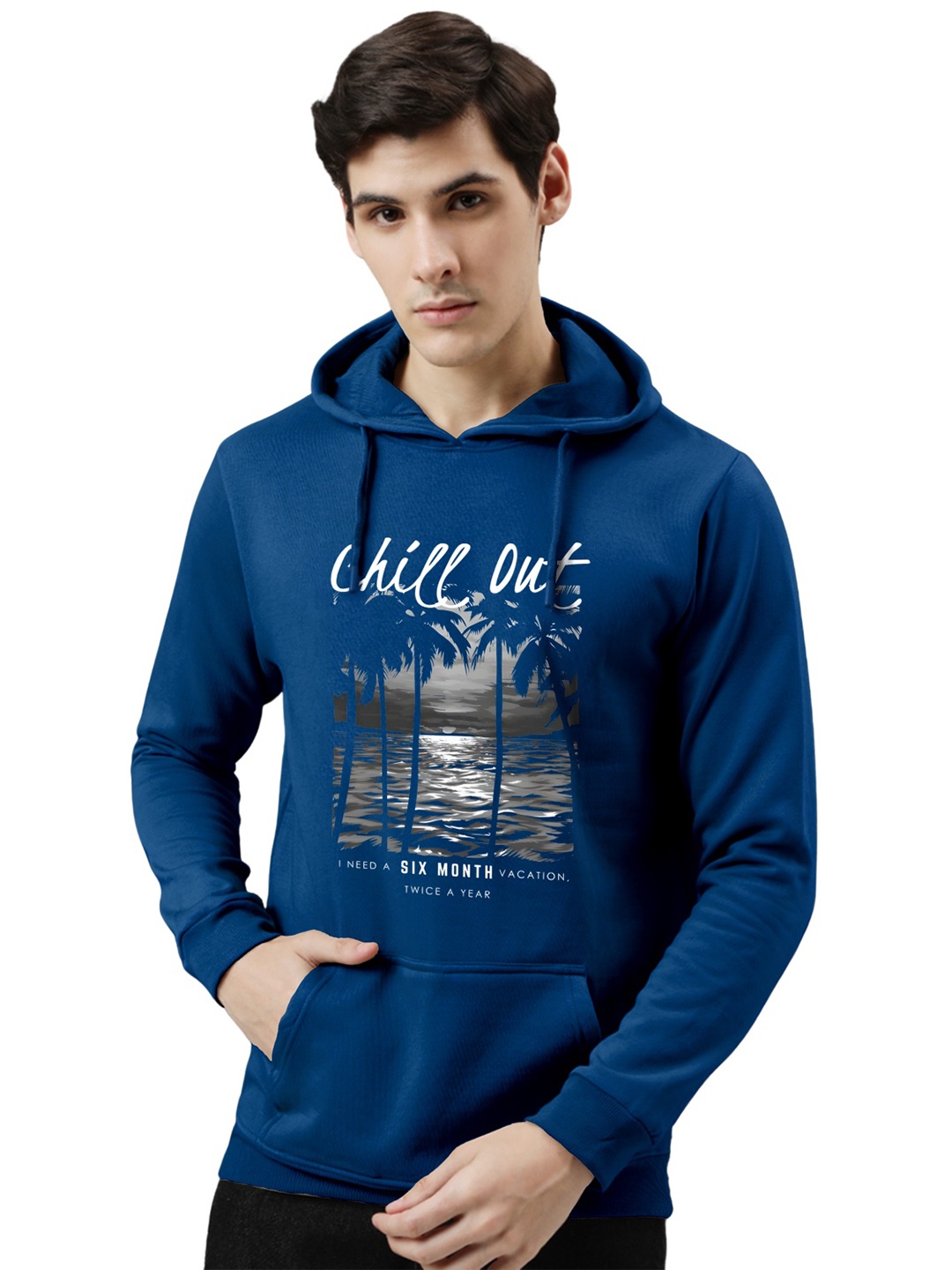 

ADRO Men Cotton Graphic Printed Hooded Sweatshirt, Blue