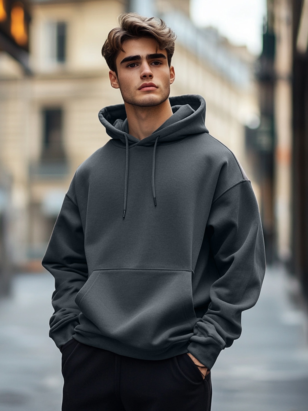 NOBERO Men Oversized Solid Hooded Sweatshirt, Charcoal