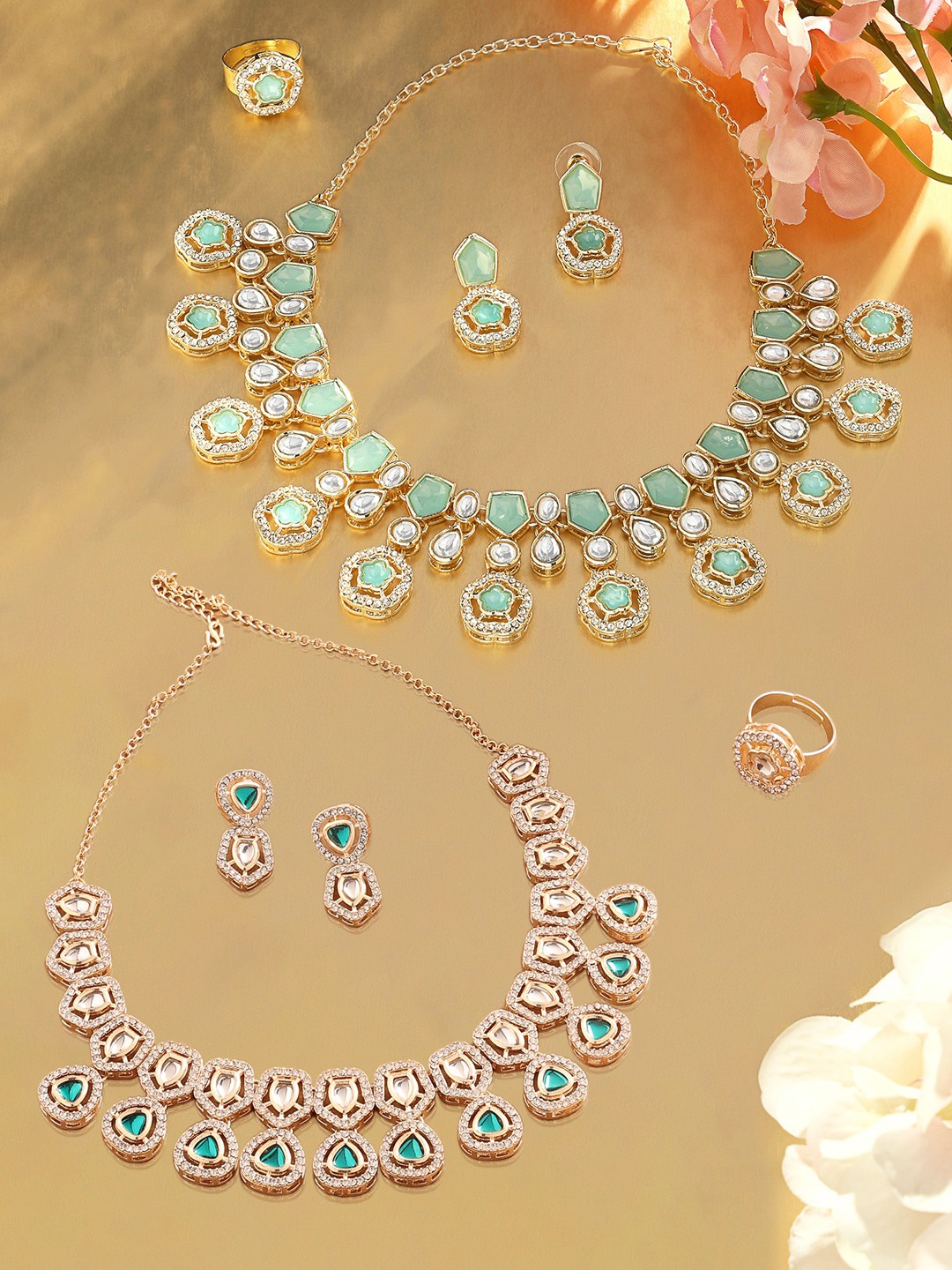 

Zaveri Pearls Set Of 2 Gold Plated Austrian Diamond Stone-Studded Jewellery Set
