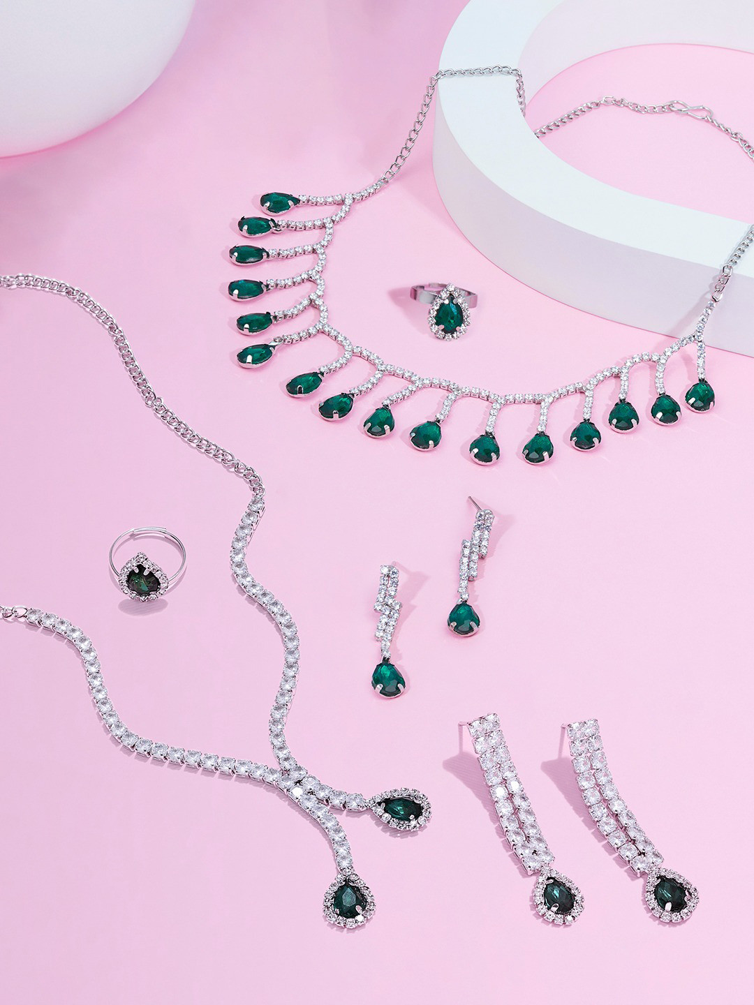 

Zaveri Pearls Set Of 2 Silver-Plated Austrian Diamonds Studded Jewellery Sets