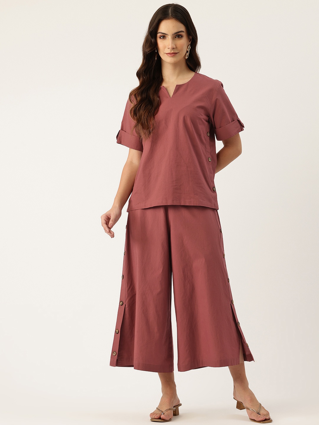 

MISRI Pure Cotton Top With Palazzos, Maroon