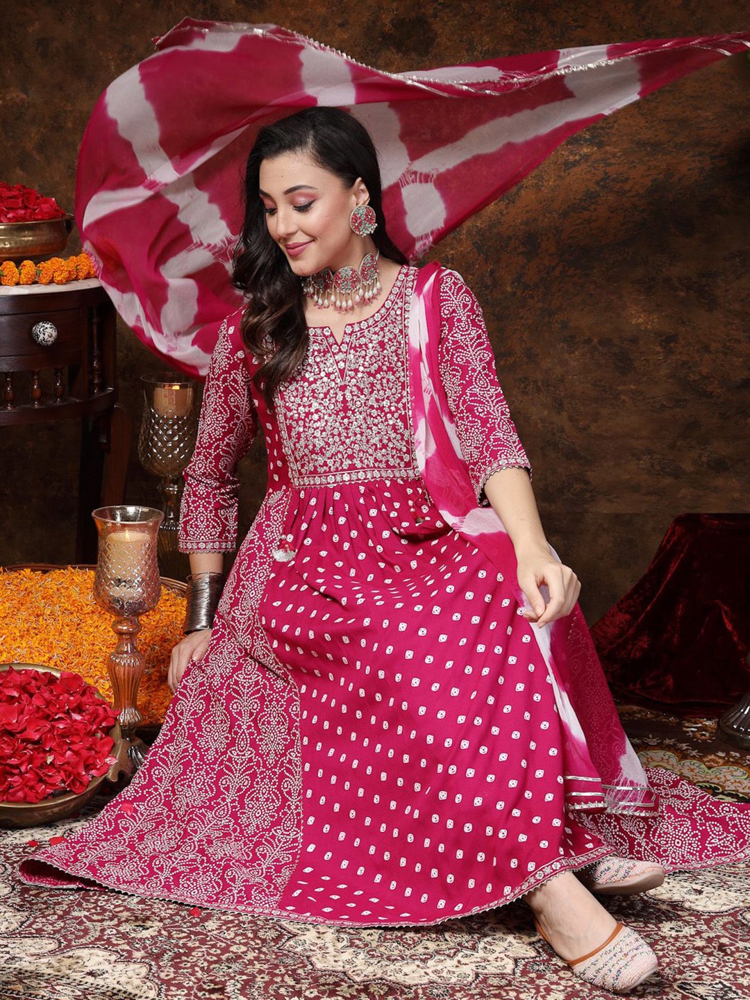 

Stylum Magenta & White Bandhani Printed Panelled Anarkali Kurta with Trousers & Dupatta