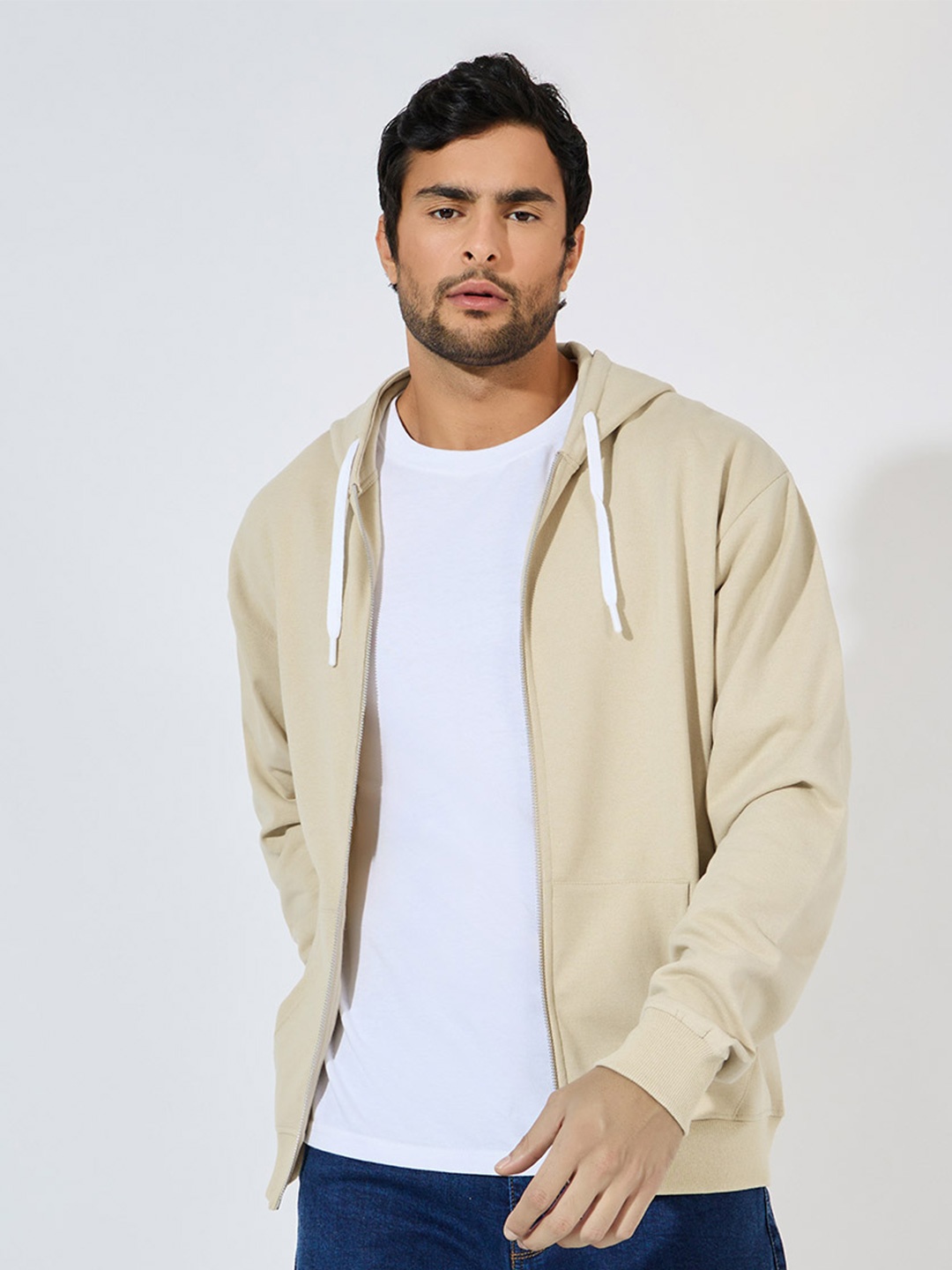 

Styli Men Hooded Front-Open Sweatshirts, Beige