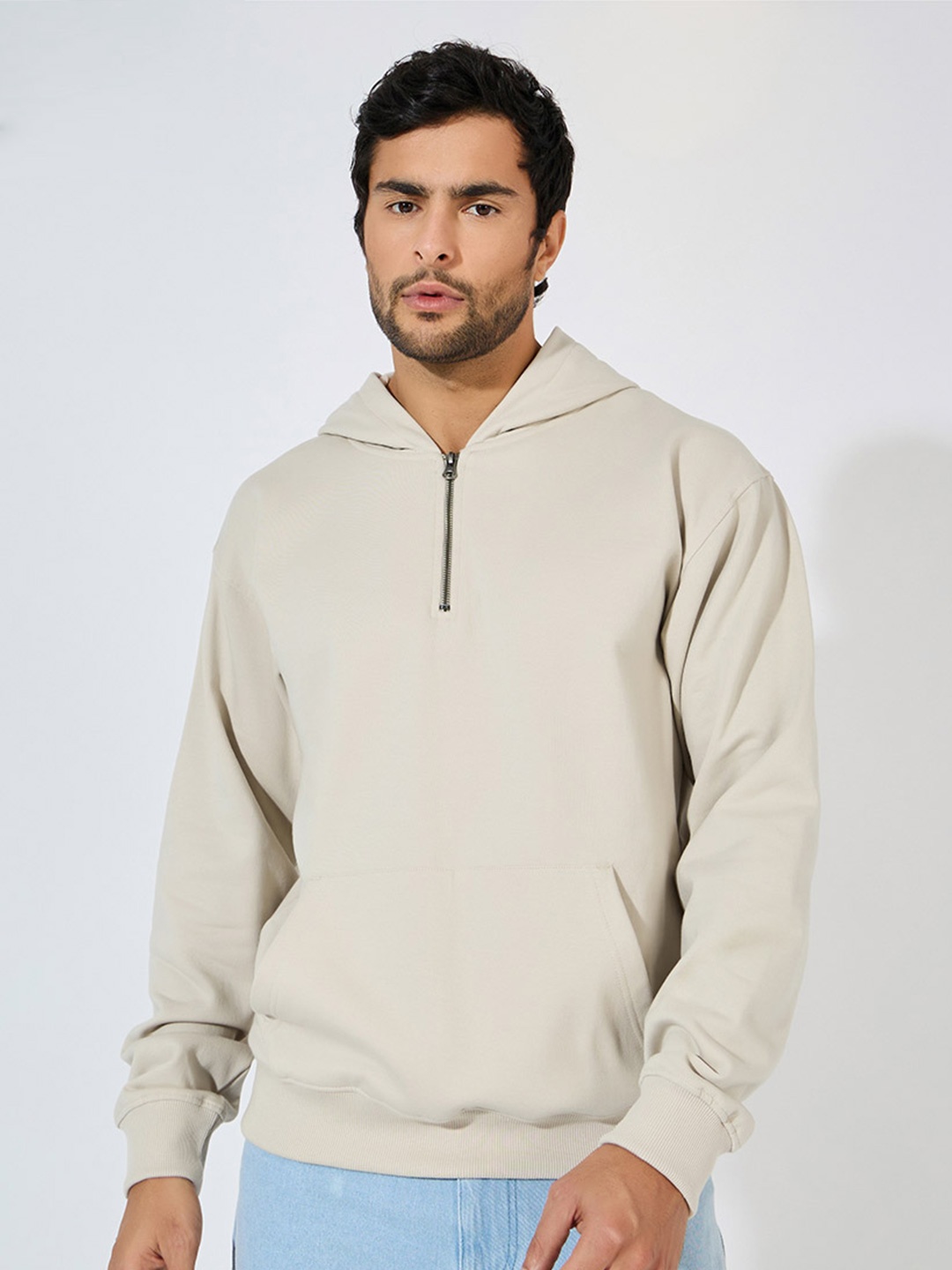 

Styli Men Cotton Hooded Half Zipper Pullover, Cream