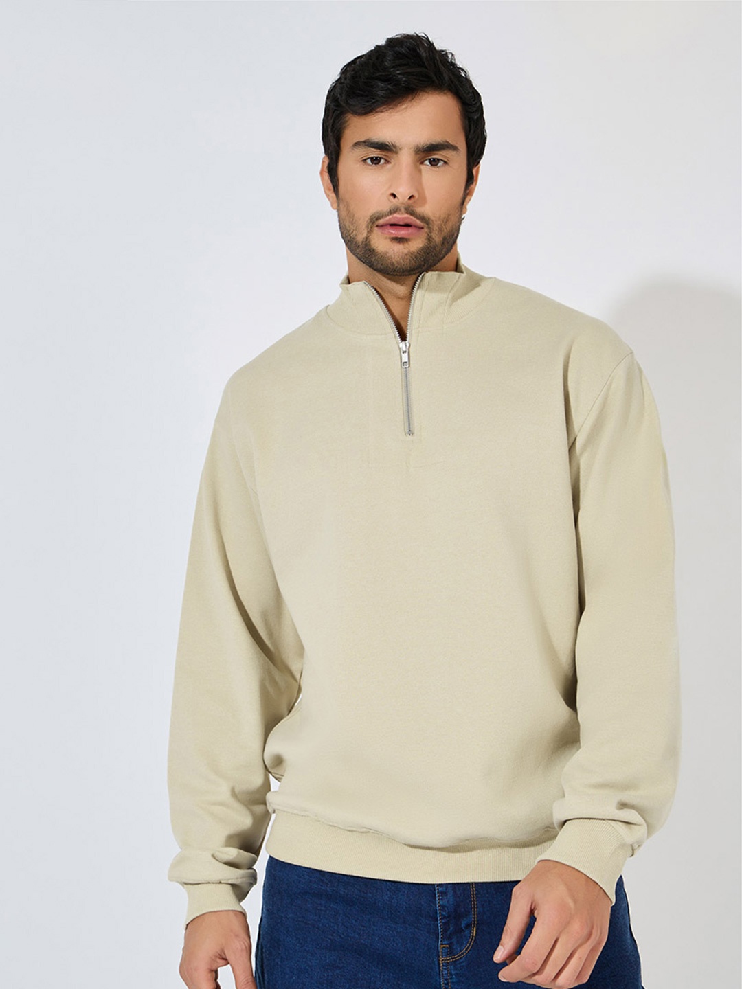 

Styli Men Mock Collar Relaxed Sweatshirt, Beige