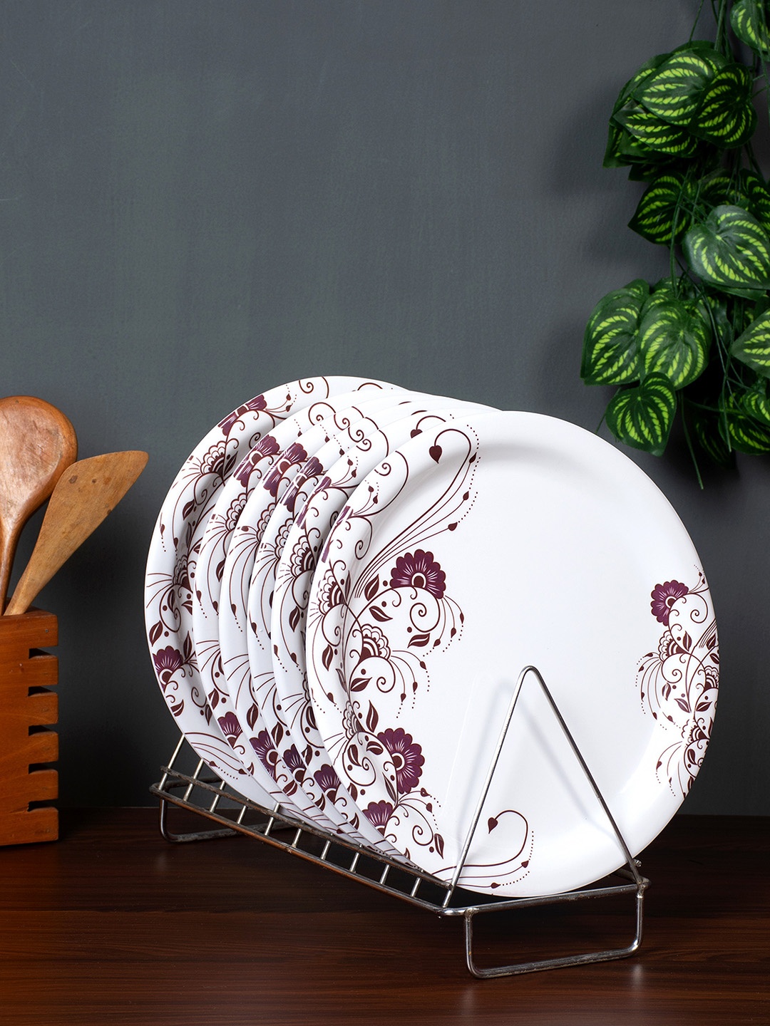 

Golden Fish White & Maroon 6 Pieces Floral Printed Melamine Easy to Clean Dinner Plates