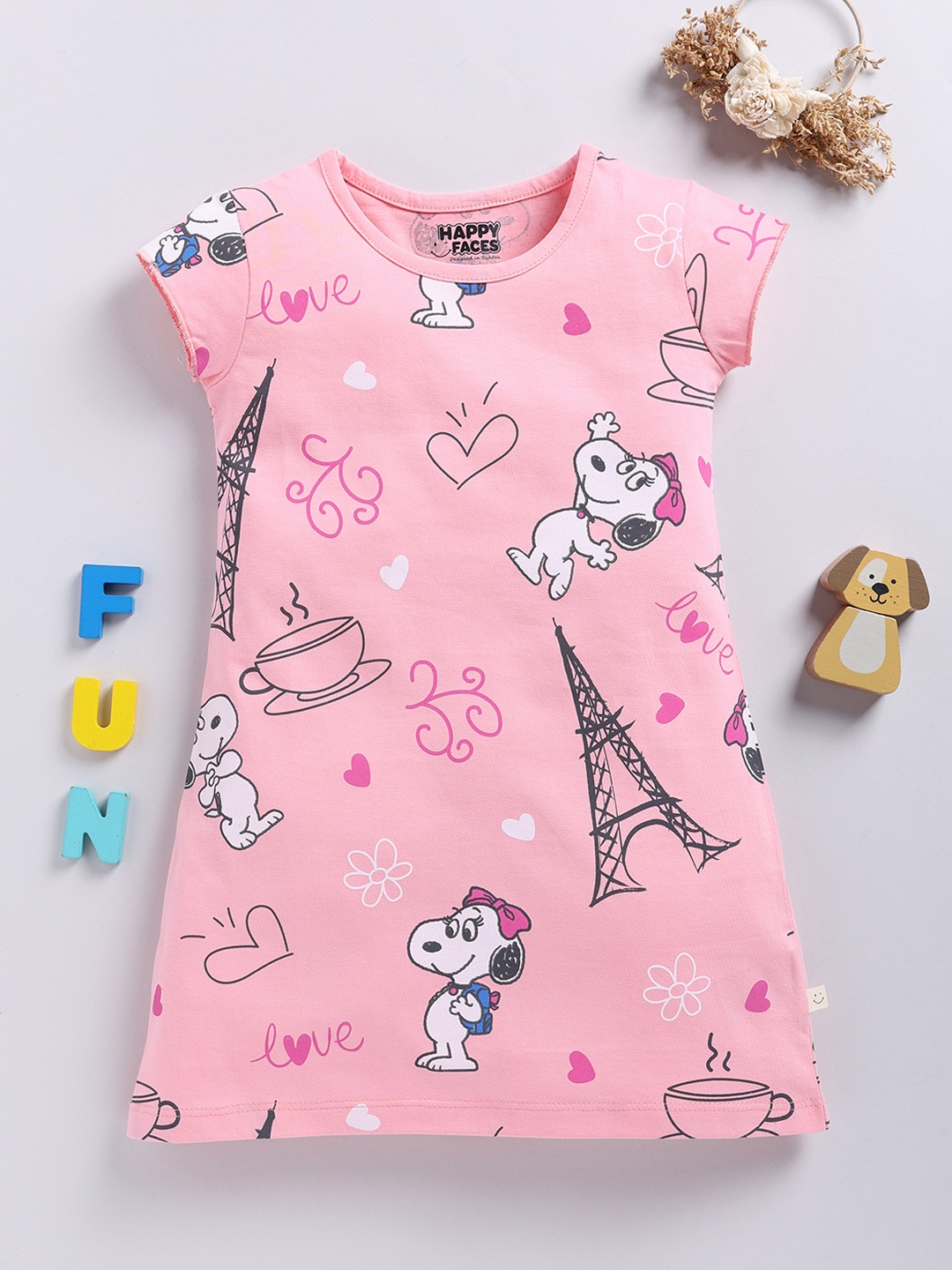 

Happy Faces Girls Peanuts Print Cotton A-Line Dress, Pink