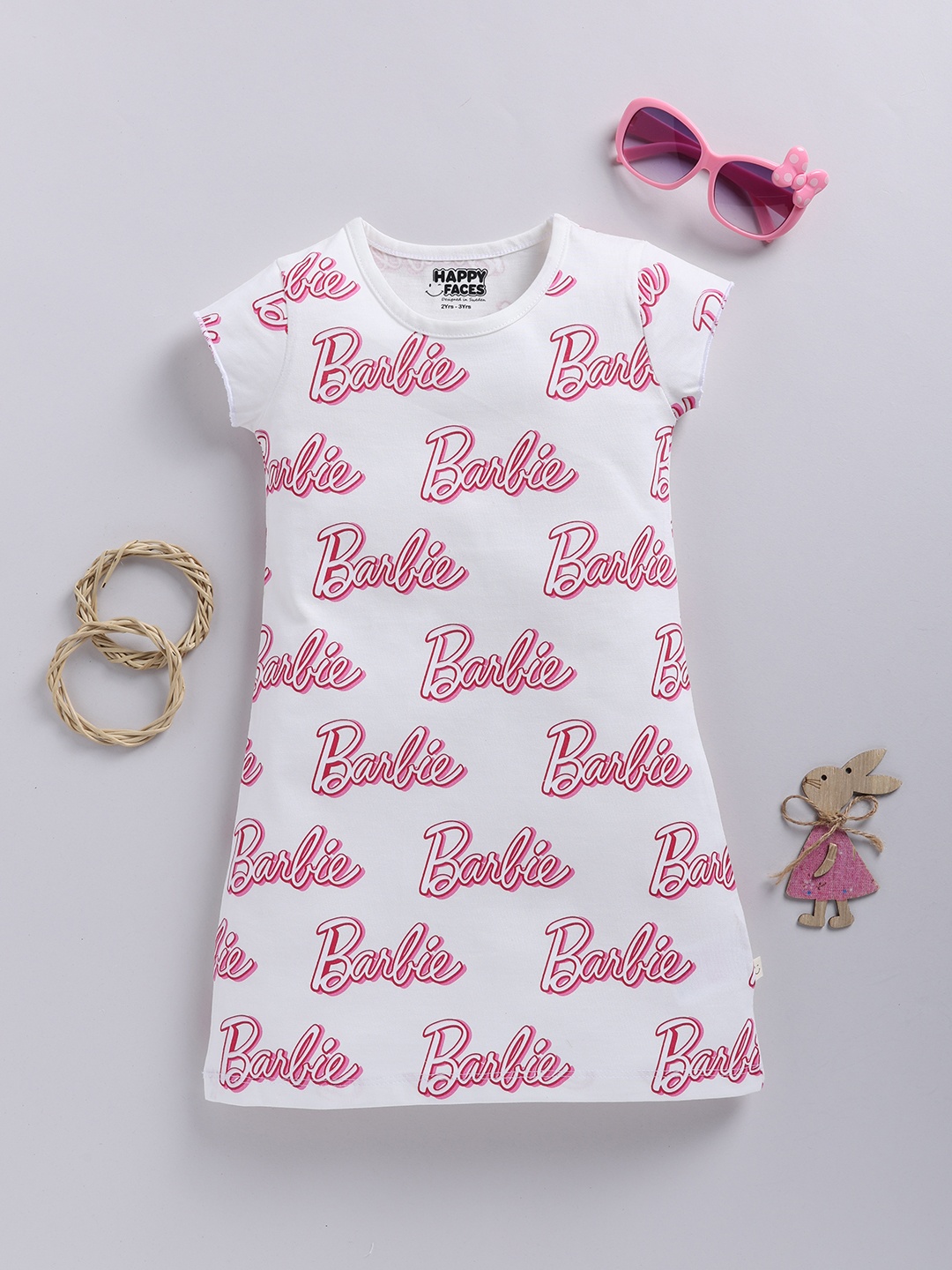 

Happy Faces Girls Barbie Print Cotton A-Line Dress, White