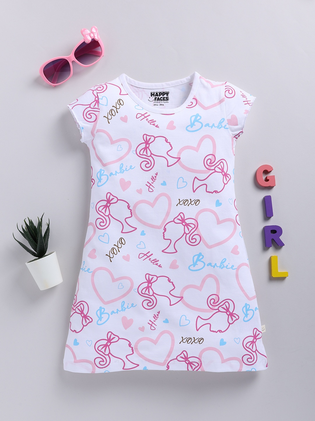 

Happy Faces Girls Barbie Print Cotton A-Line Dress, White