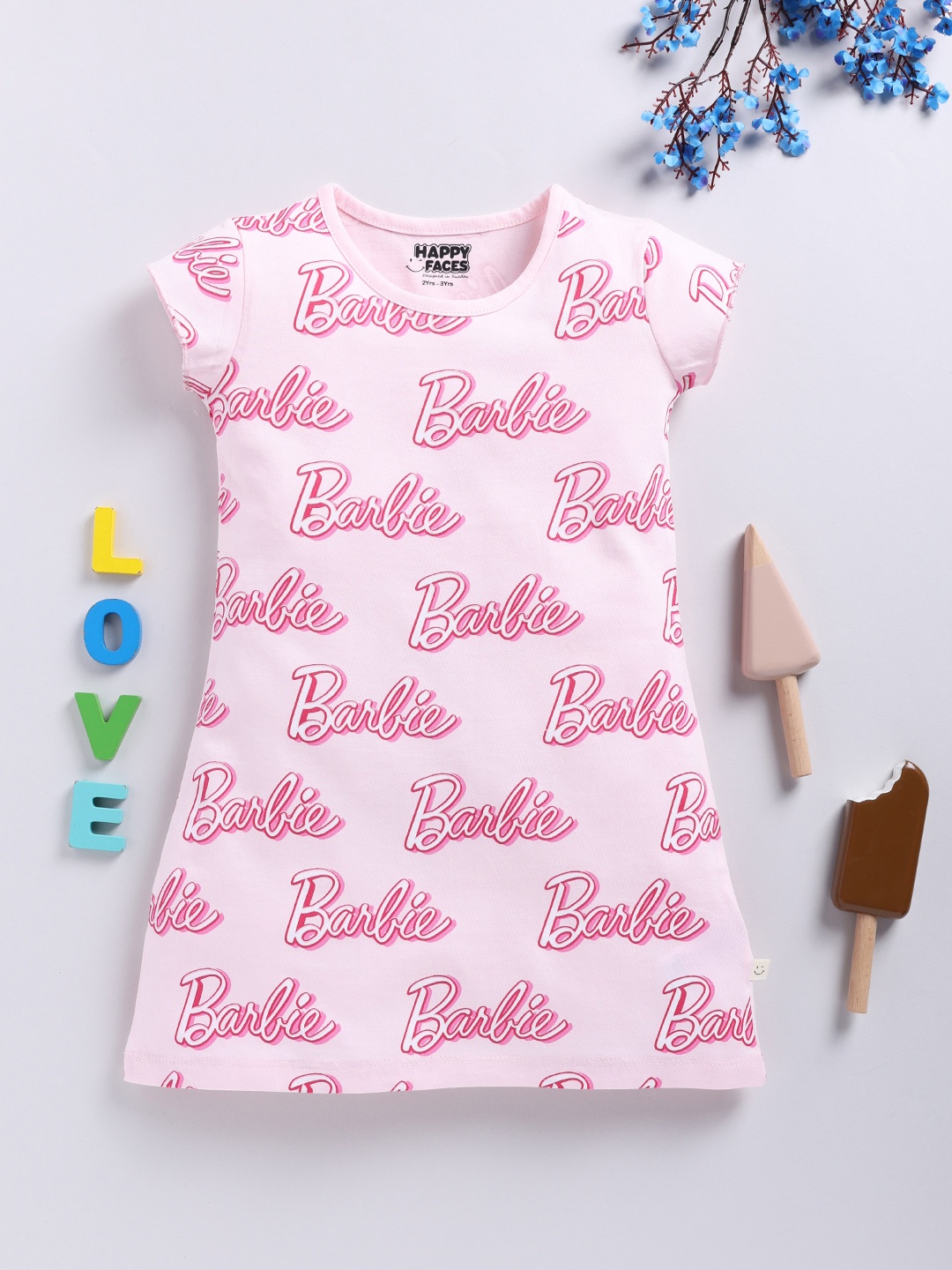 

Happy Faces Girls Barbie Print Cotton A-Line Dress, Pink
