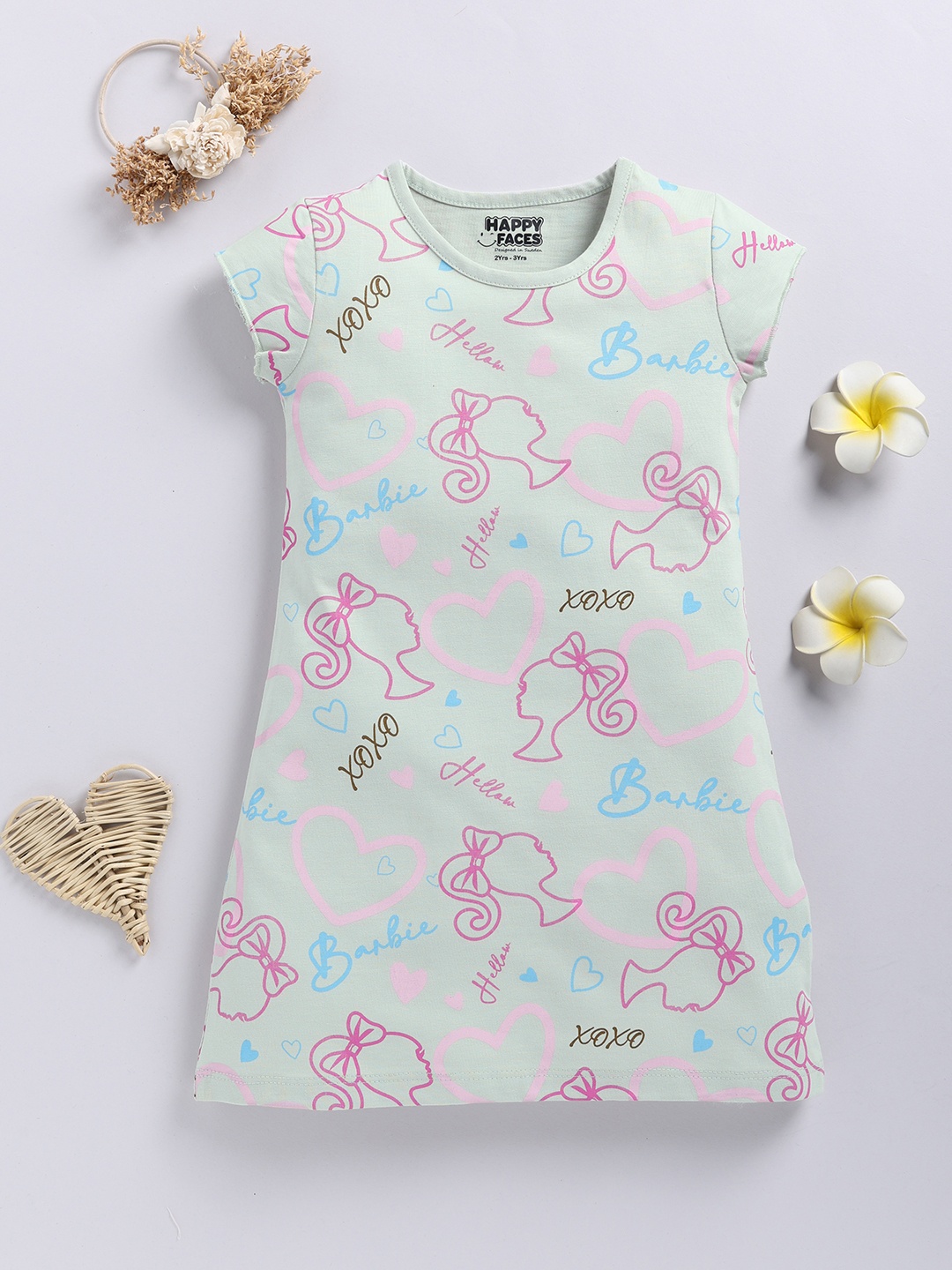 

Happy Faces Girls Barbie Print Cotton A-Line Dress, Green