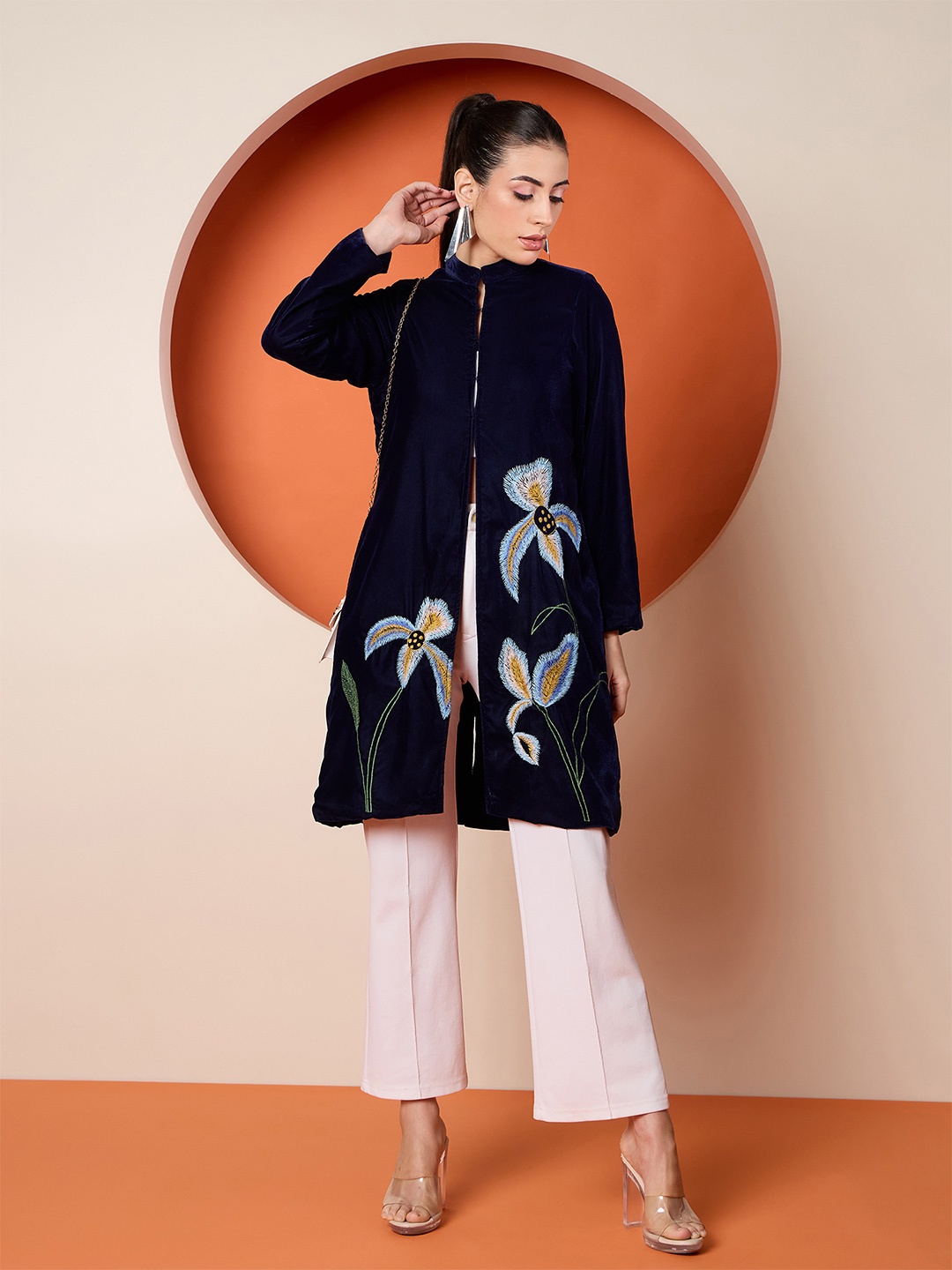 

Antheaa Women Velvet Tailored Jacket with Embroidery, Blue