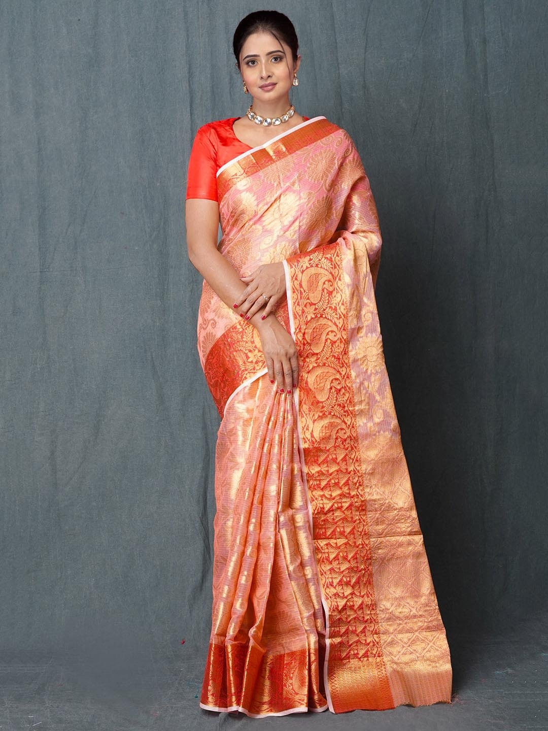 

Unnati Silks Woven Design Zari Pure Cotton Handloom Kota Saree, Peach