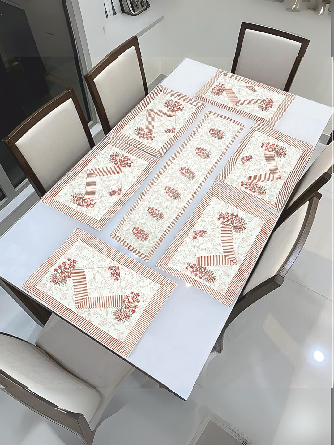 

LIVING ROOTS Set Of 13 Luxury Block Print Havey Canvas Cotton White & Pink Table Linen Set