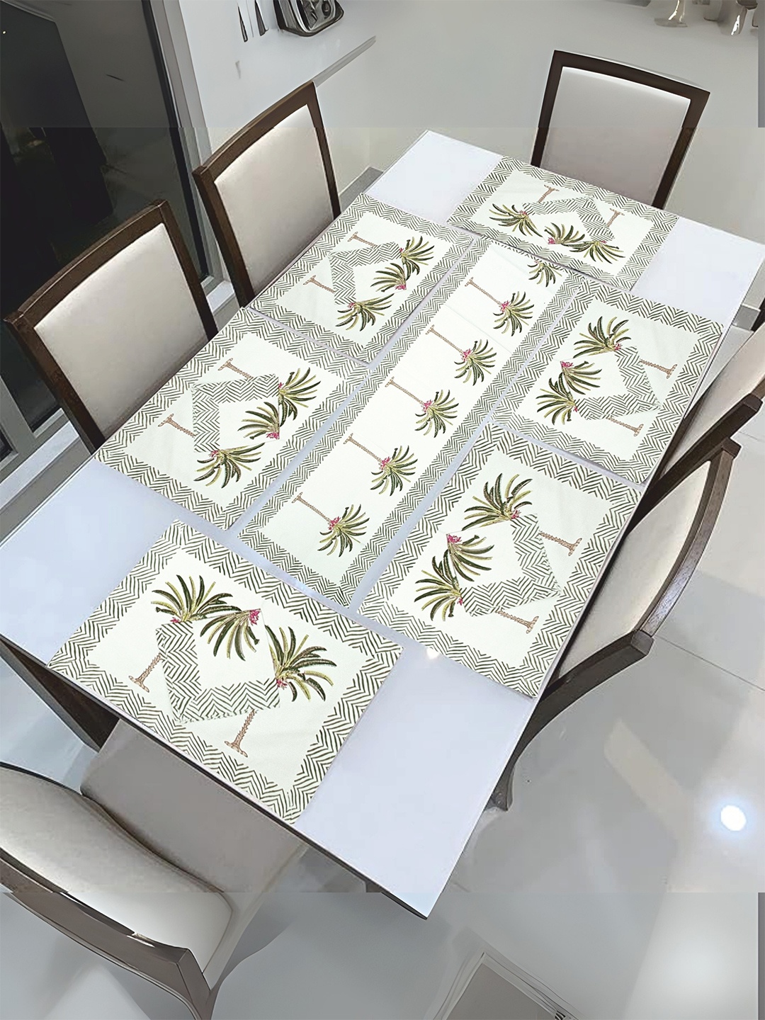 

LIVING ROOTS Luxury Block Print Havey Canvas Cotton White & Green Table Linen Set