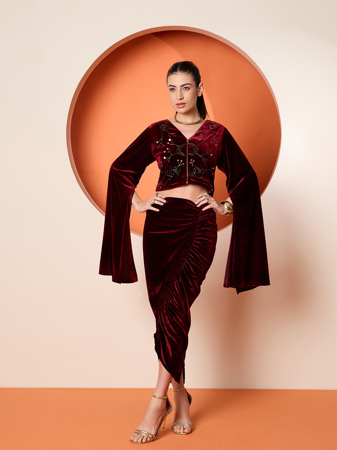 

Antheaa Embellished Velvet Top & Skirt Co-Ord Set, Maroon