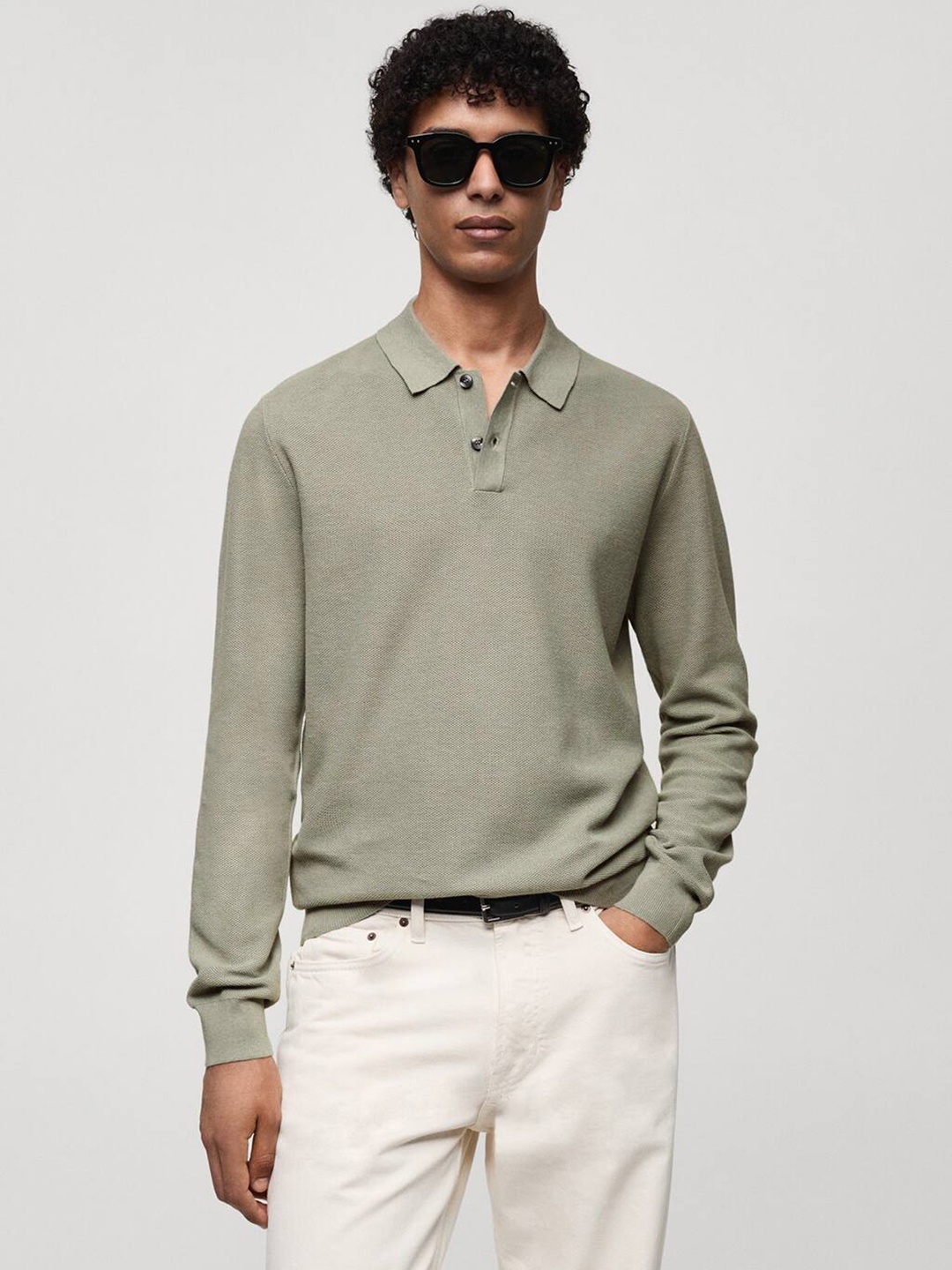 

MANGO MAN Structure Knitted Polo Pullover, Green
