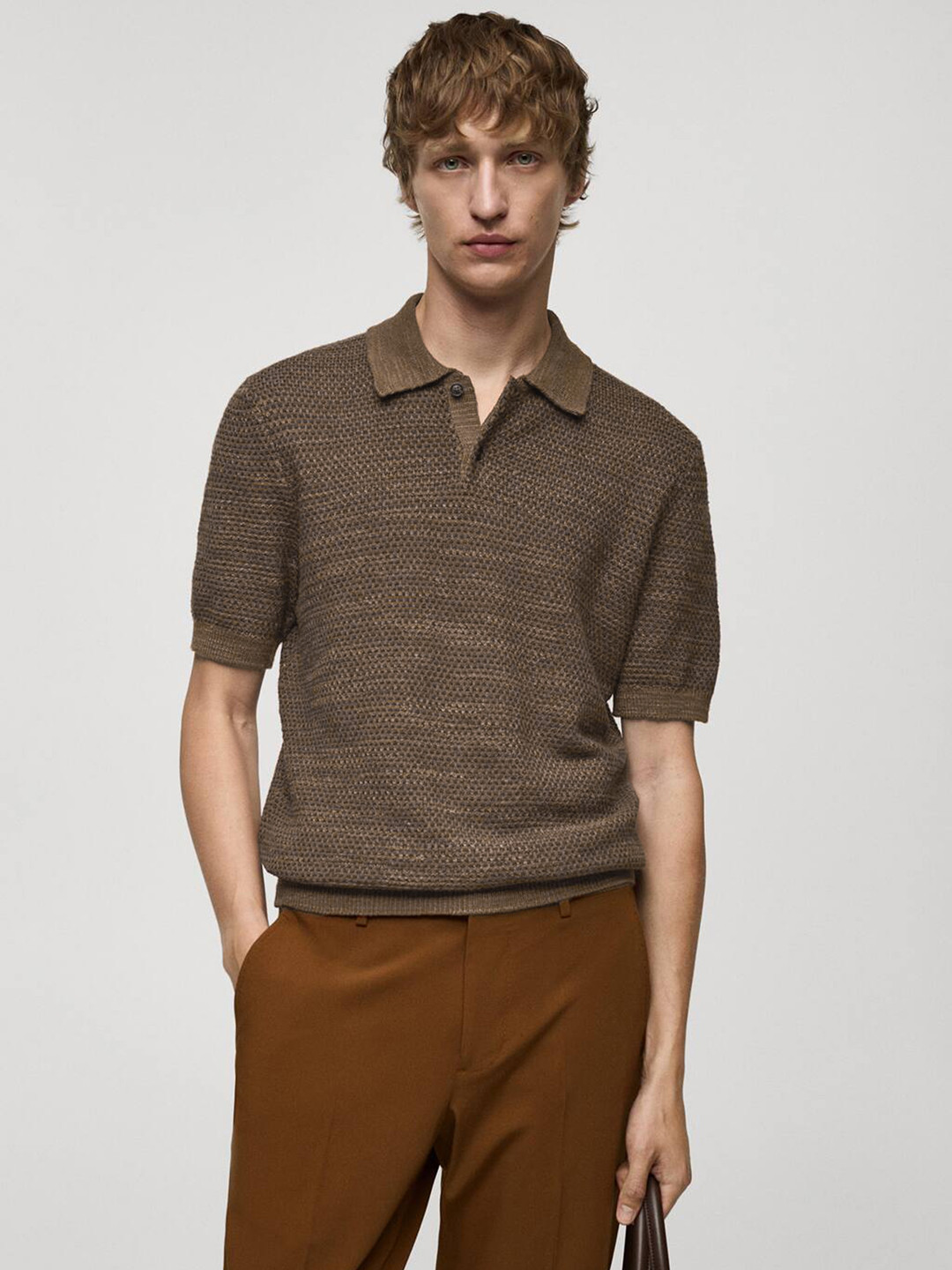 

MANGO MAN Fine Knit Polo Collar T-shirt, Brown