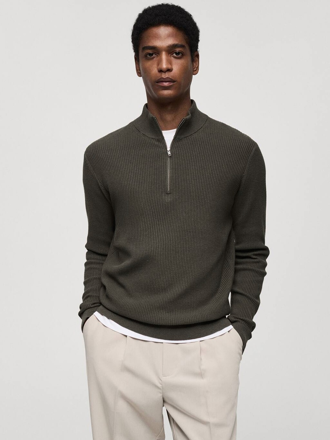 

MANGO MAN Ribbed Mock Collar Pullover, Olive