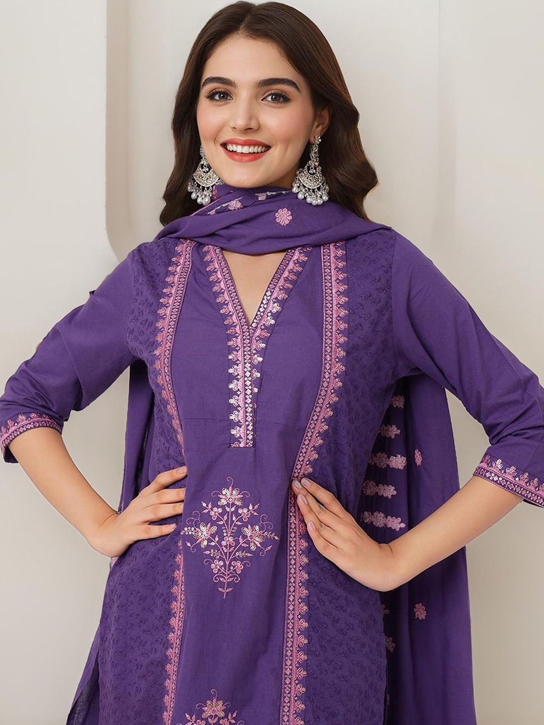 

Ishin Floral Embroidered Regular Pure Cotton Straight Kurta with Trousers & Dupatta, Purple
